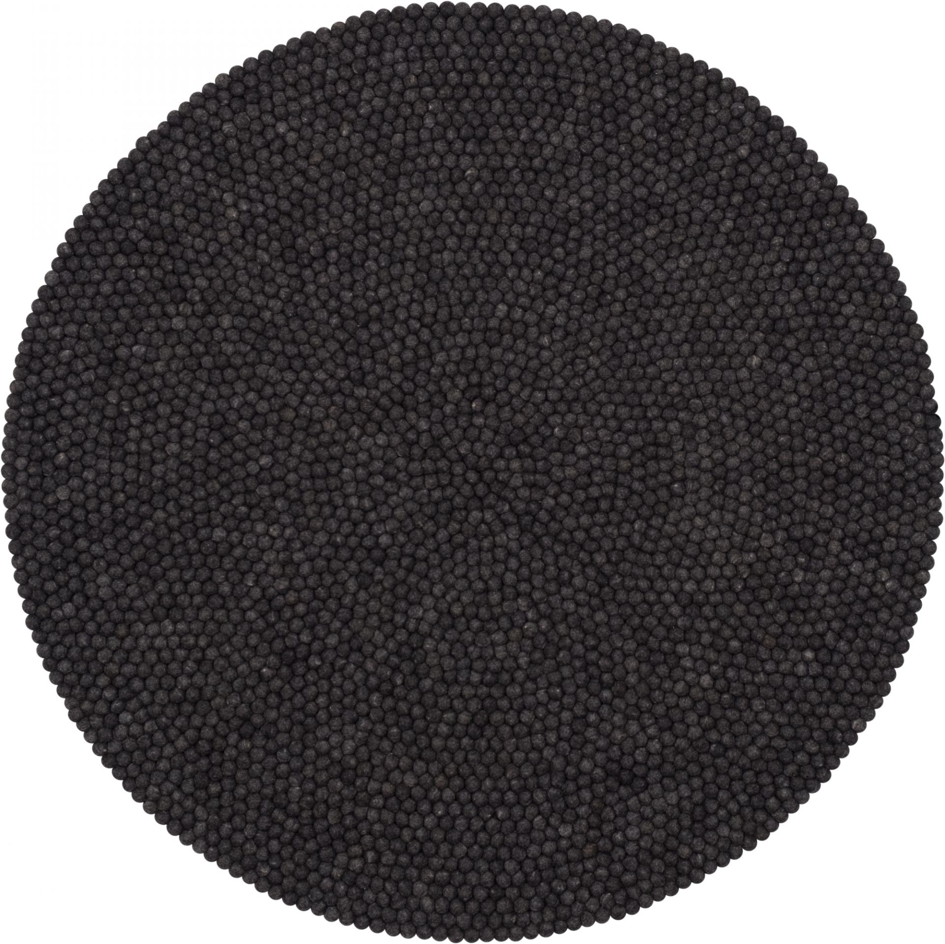 Runder, schwarzer Filzkugel Teppich (myfelt Hugo) mit 160 cm Durchmesser. Handgefertigt und nachhaltig.