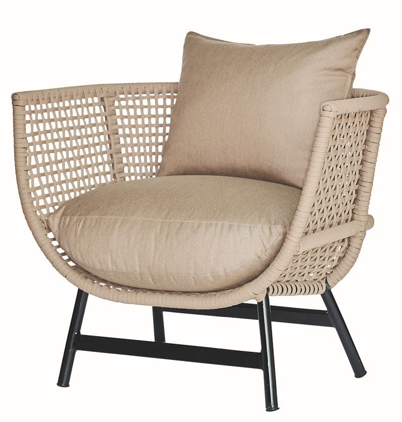 Taupefarbener Suka Lounge Sessel von Jan Kurtz für den Outdoor-Bereich mit schwarzen Beinen.