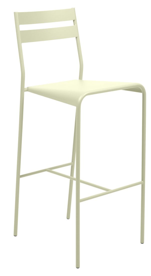 Facto Barstool von Fermob, ein moderner, beiger Barhocker für den Außenbereich. Metallkonstruktion mit Rückenlehne.