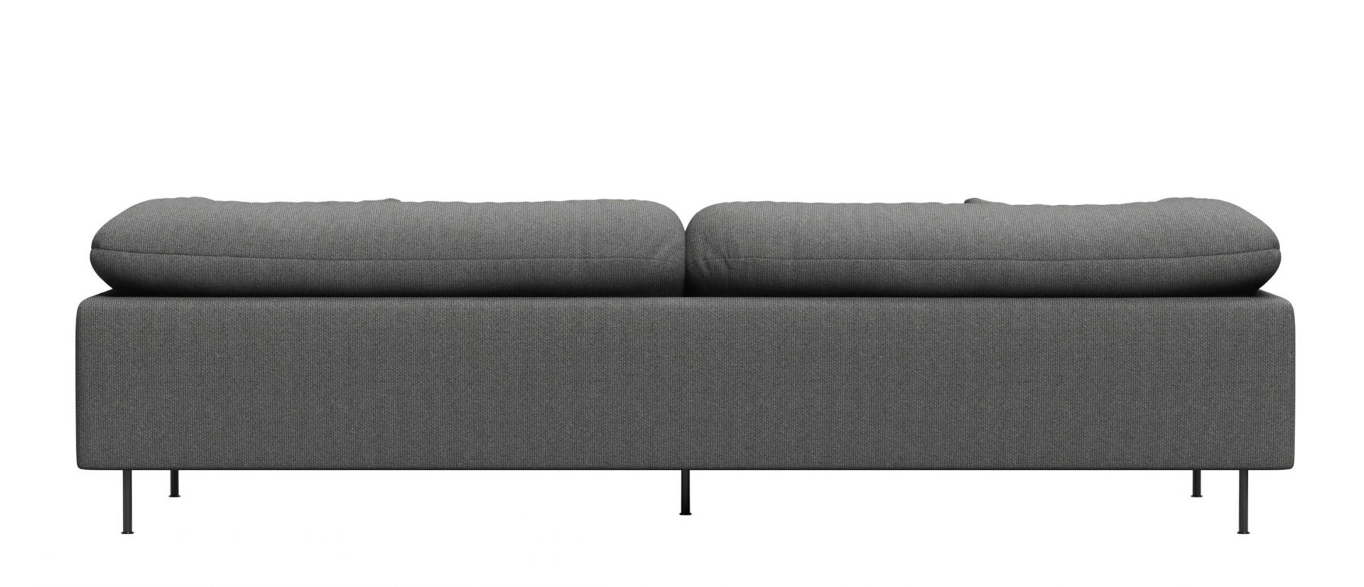 Ansicht der Rückseite des grauen Collar Sofa 3-Sitzer von Woud mit schwarzen Füßen.