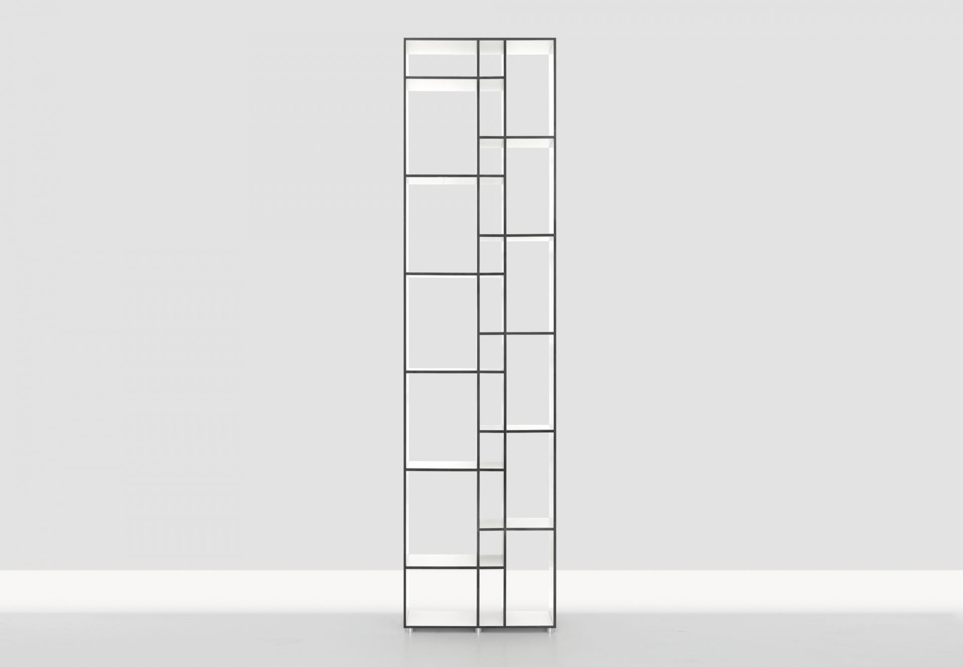 Code 1 Regal: Modernes Holzregal aus MDF mit schwarzem Rahmen für Wohnzimmer und Büro.