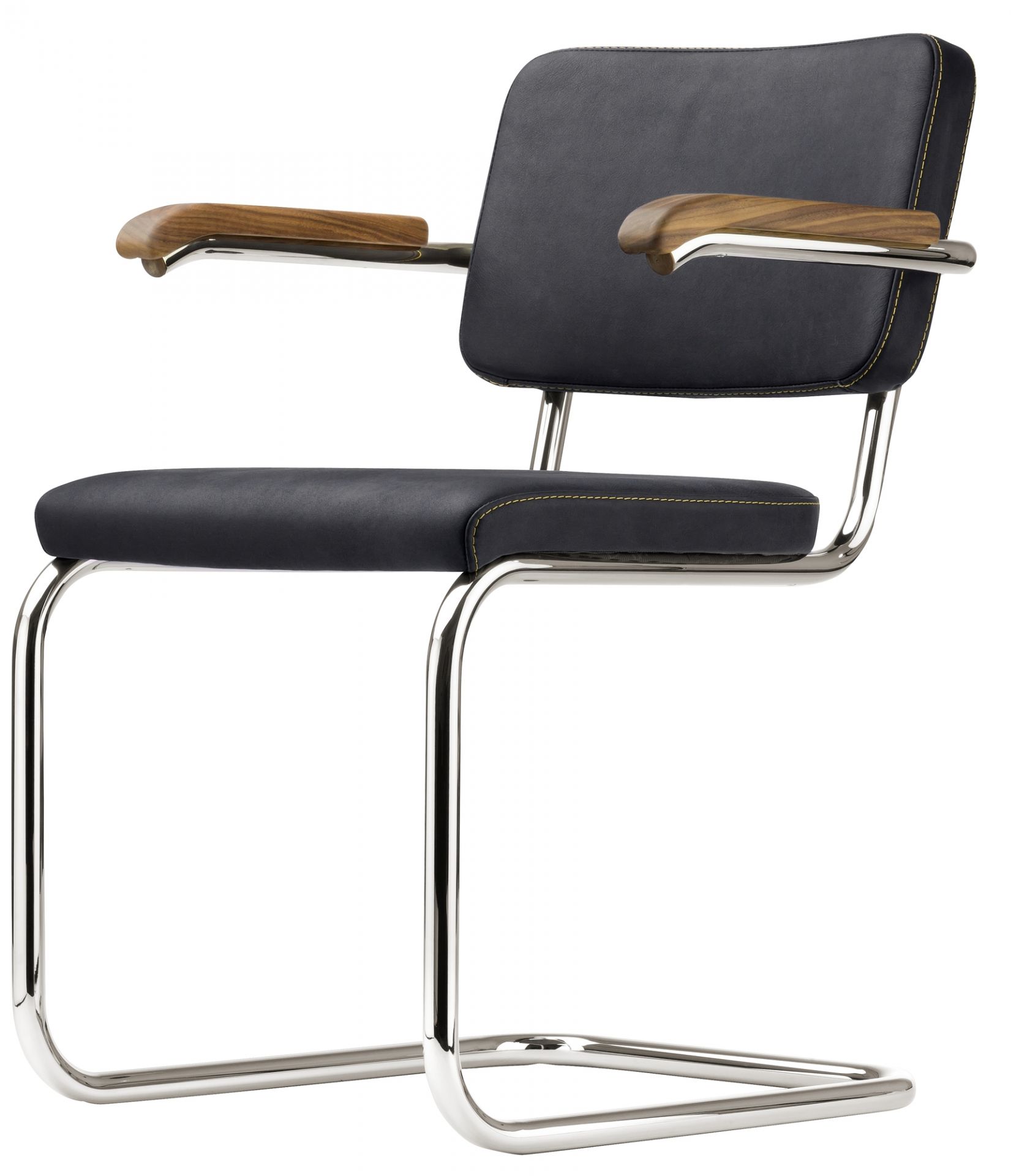 Bild eines S 64 Freischwinger Stuhls von Thonet mit Stahlrohrgestell, Lederbezug und Holzarmlehnen.