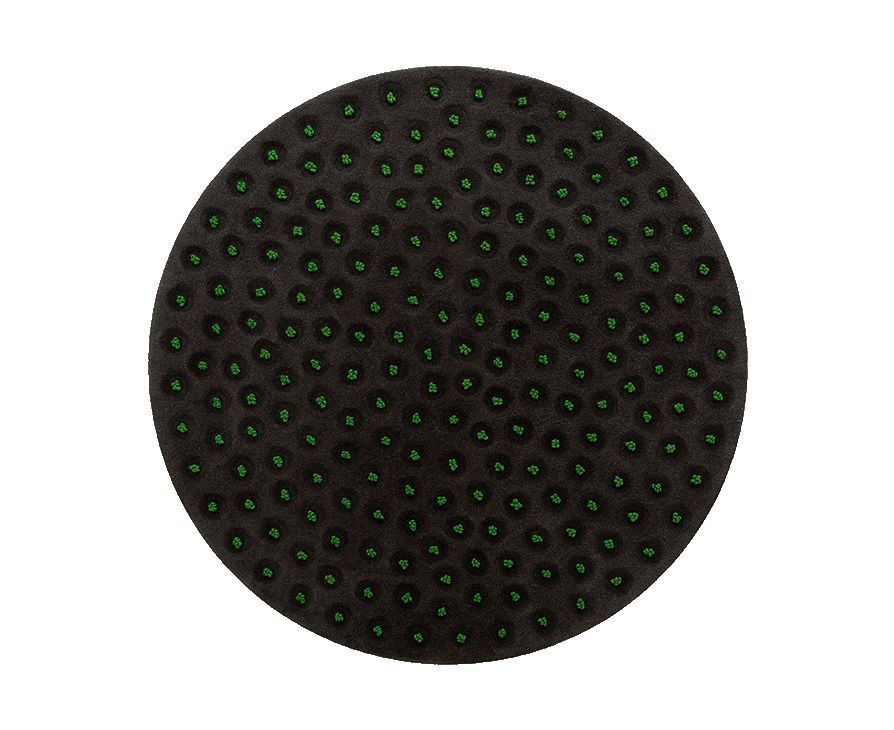 Runder La Geria Teppich von Gan in Schwarz mit grünen Akzenten, modernes Design.