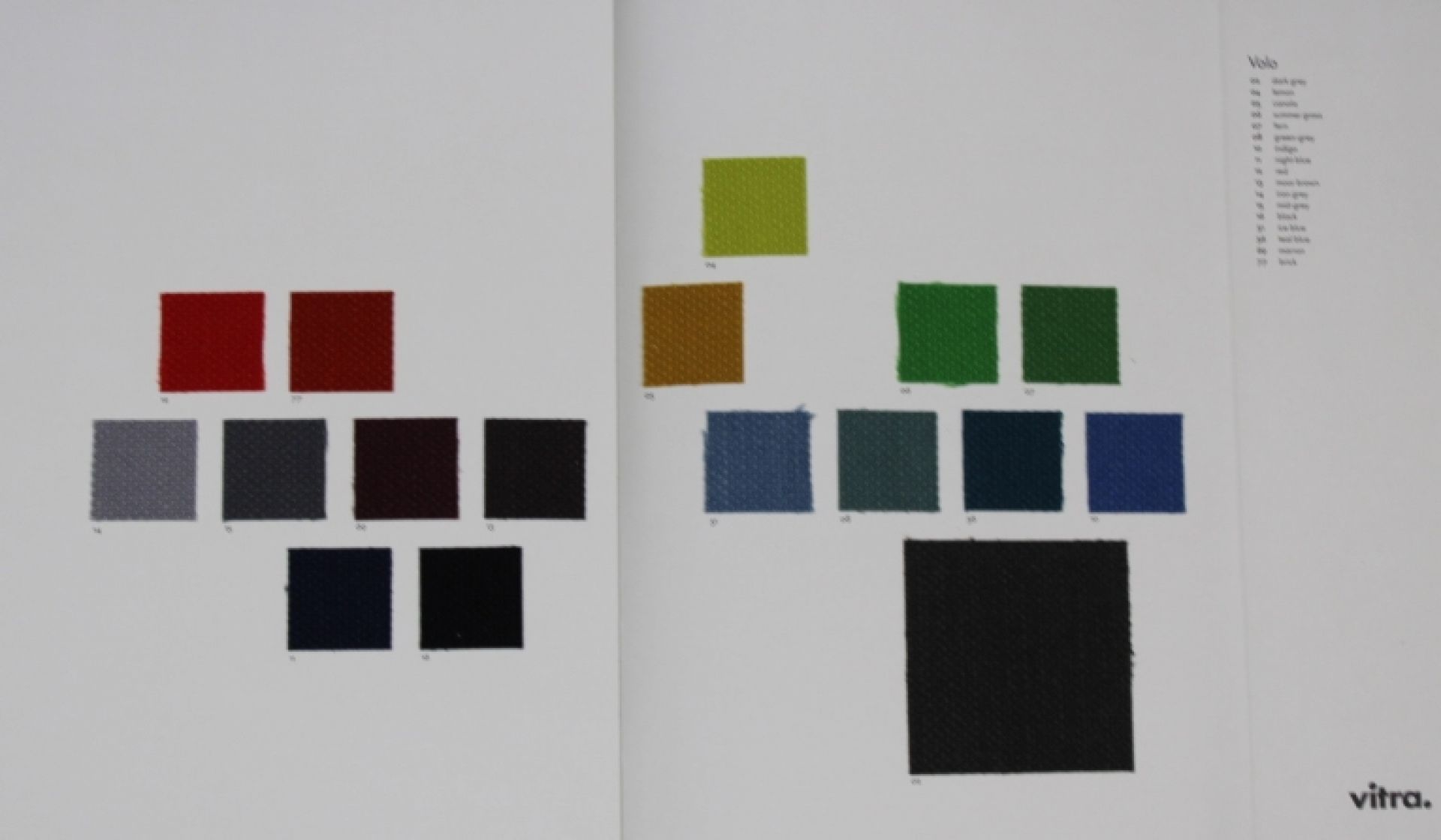 Stoffmusterkarte Volo von Vitra: Verschiedene Stofffarben und Texturen für Möbel und Inneneinrichtung.