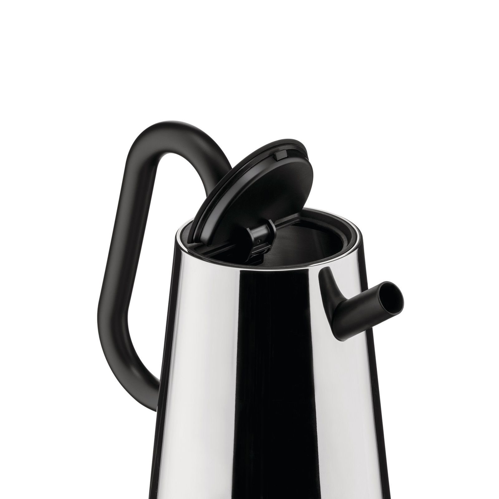 Alessi Wasserkocher NE01 B Toru, Edelstahl mit schwarzem Griff und geöffnetem Deckel.