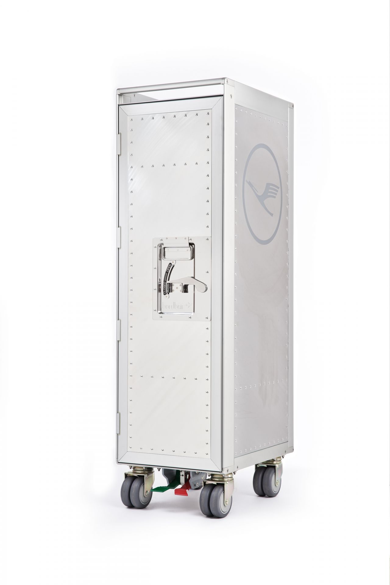 Rivet Rocker Flugzeugtrolley: Silberne Lufthansa Bordbar mit Rollen und Türverschluss vor weißem Hintergrund.