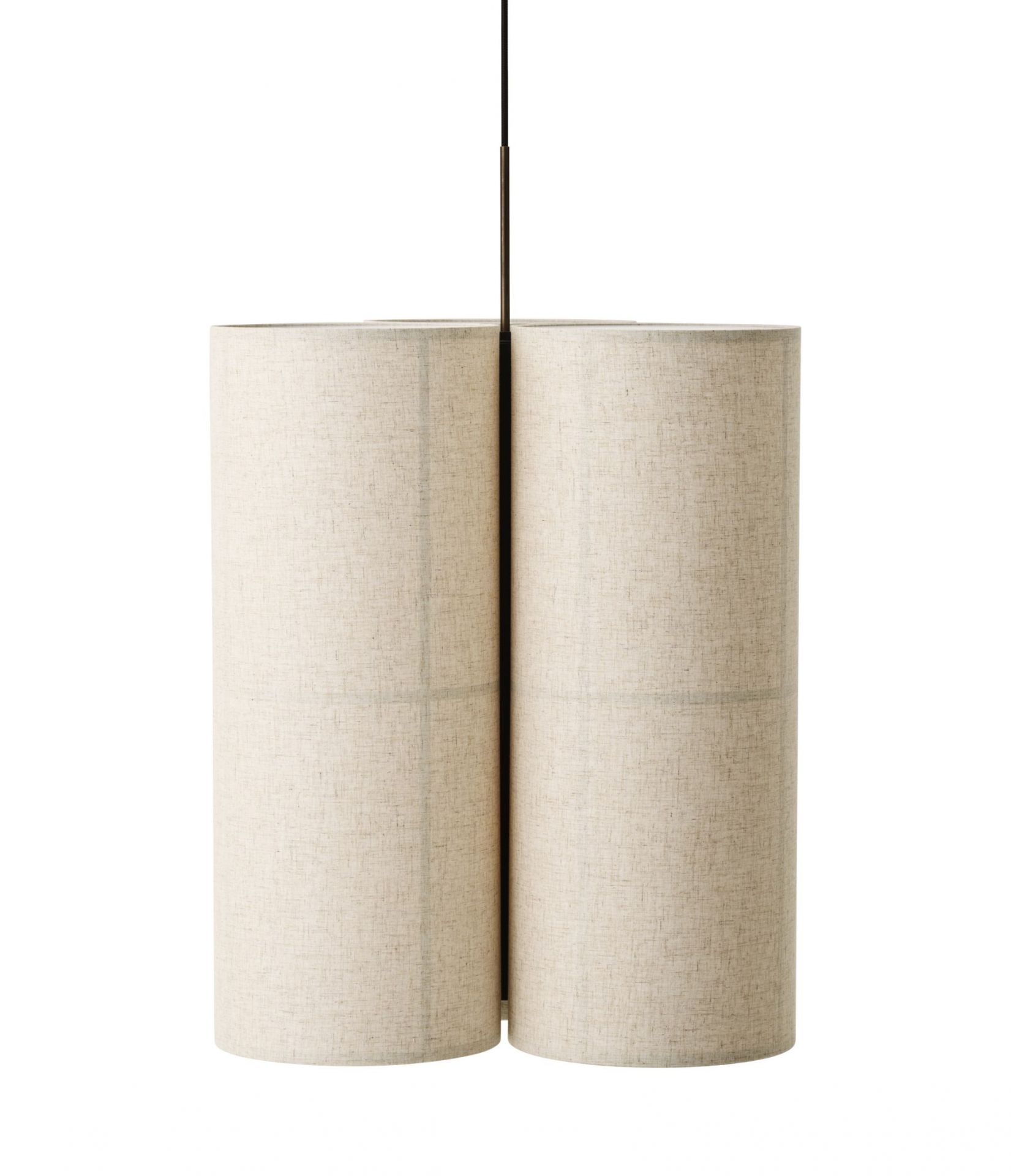 Nahaufnahme der Hashira Pendelleuchte mit zwei zylindrischen Lampenschirmen aus rohem Leinen.