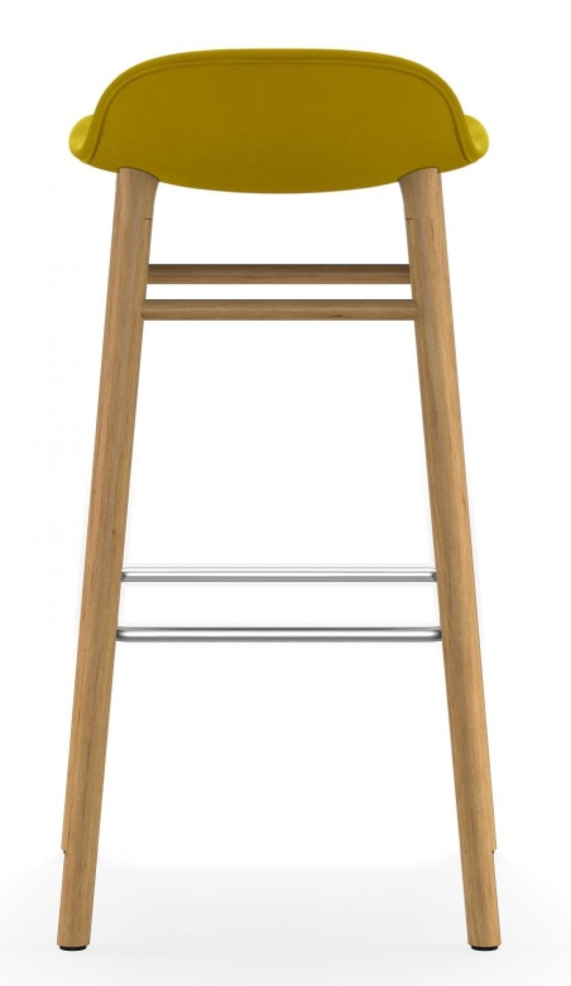 Rückansicht des Form Barstool von Normann Copenhagen: Holzgestell, gelbe Polsterung, Fußstütze.
