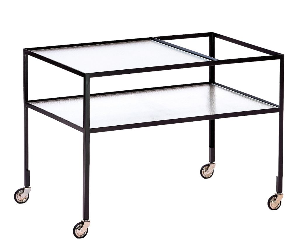 Barwagen von Richard Lampert mit zwei Glasablagen und schwarzem Metallgestell auf Rollen.