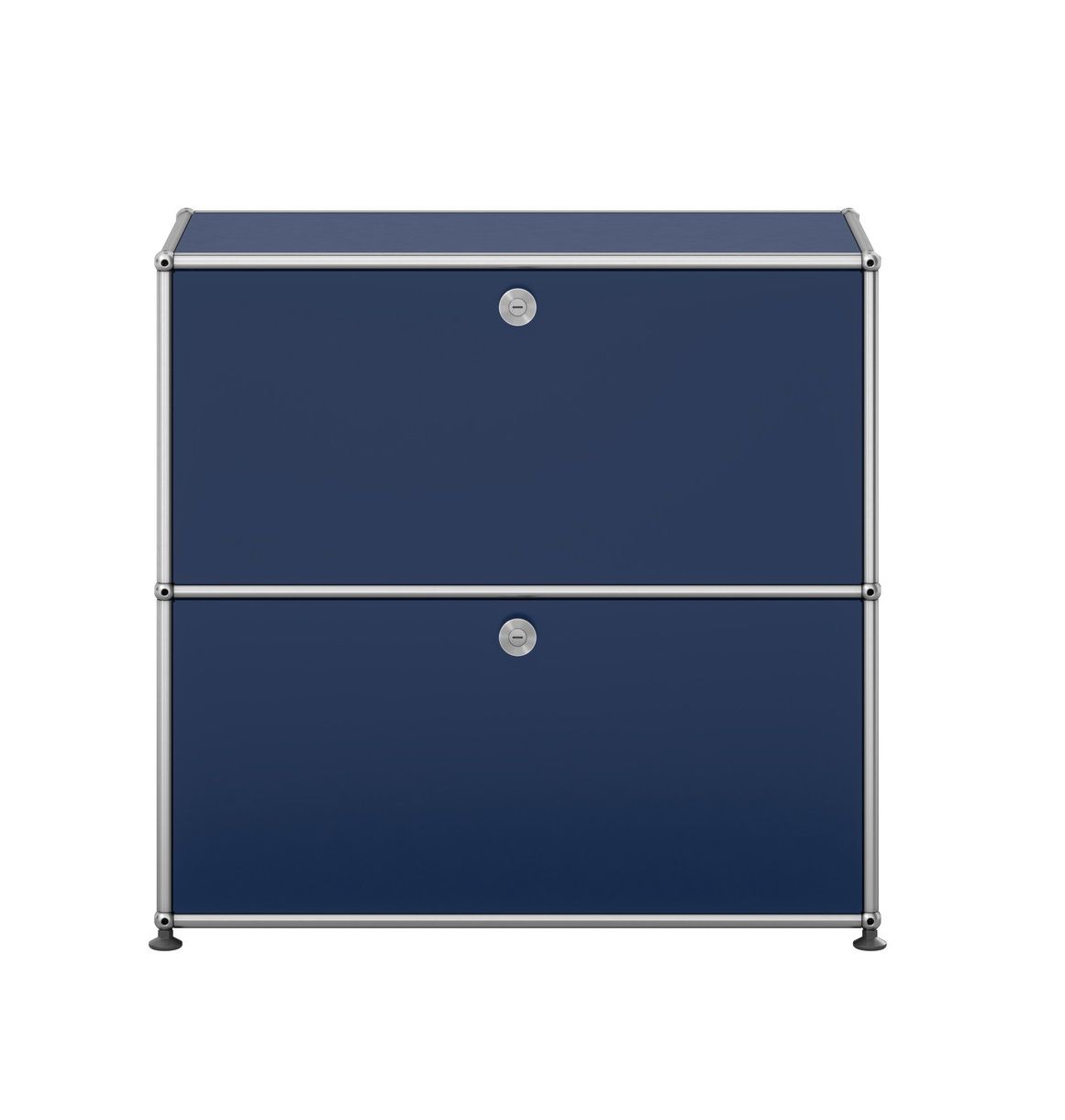 USM Haller Sideboard in Stahlblau mit zwei abschließbaren Fächern für stilvolle Aufbewahrung.
