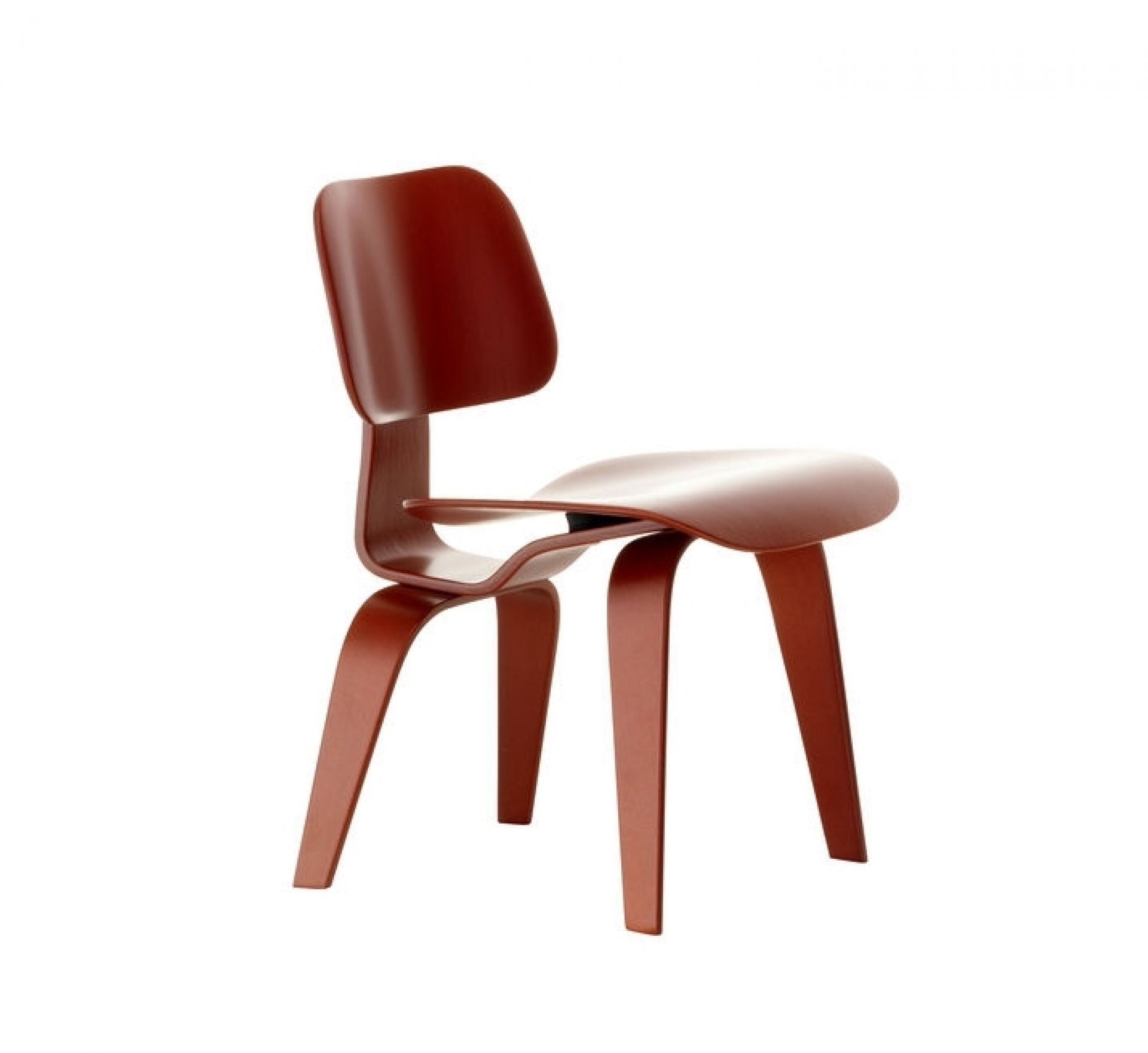 Brauner DCW Stuhl von Vitra, Designklassiker aus geformtem Holz, isoliert auf weißem Hintergrund.