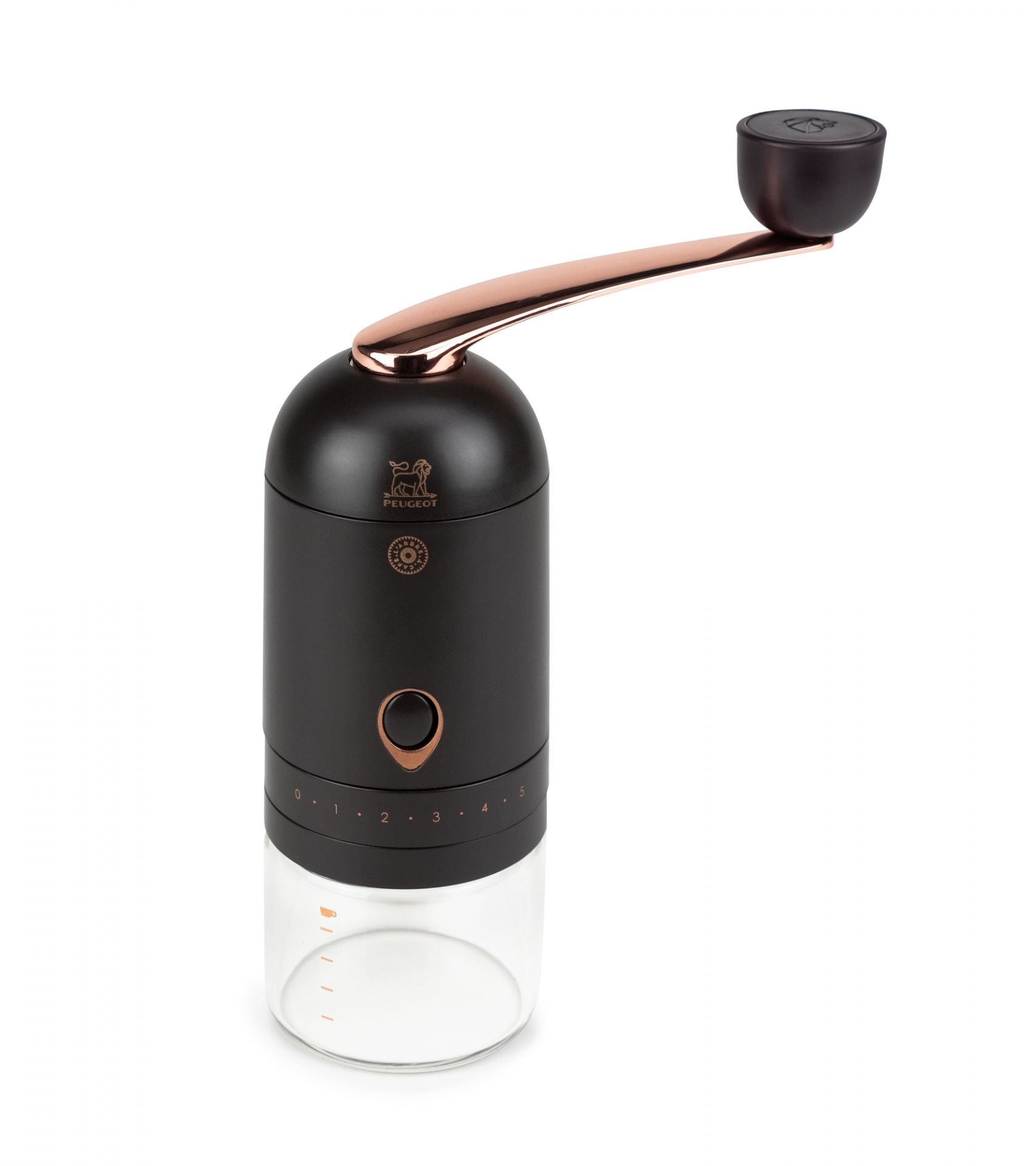 L'Arbre à Café Peugeot Kaffeemühle, Handmühle mit Mahlgradeinstellung und Auffangbehälter aus Glas.