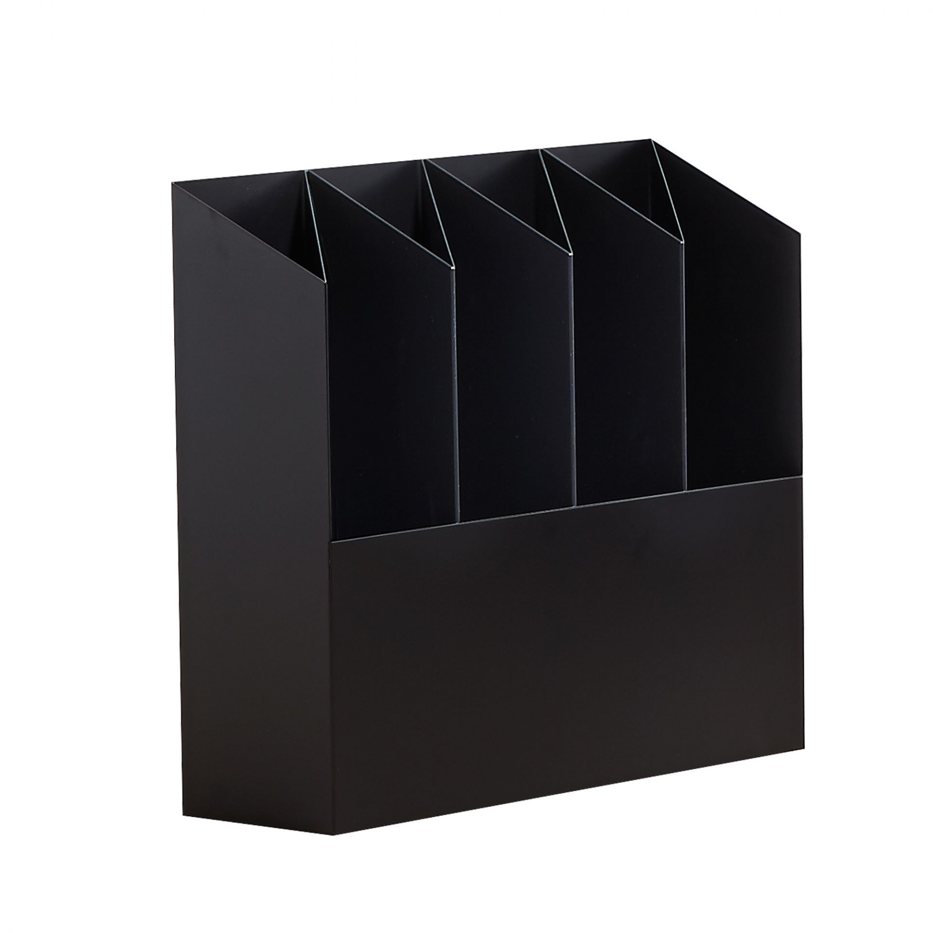 Schwarzer Kant Schirmständer Mox aus Metall mit fünf Fächern zur Aufbewahrung von Regenschirmen.