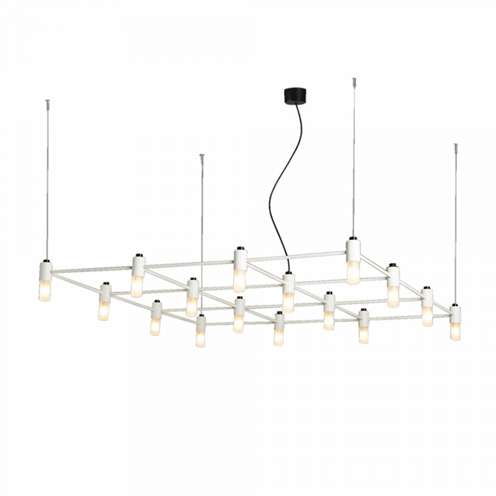 Weiße Quadrante Pendelleuchte mit 16 Leuchten, moderne Deckenleuchte für Wohnzimmer und Esszimmer.