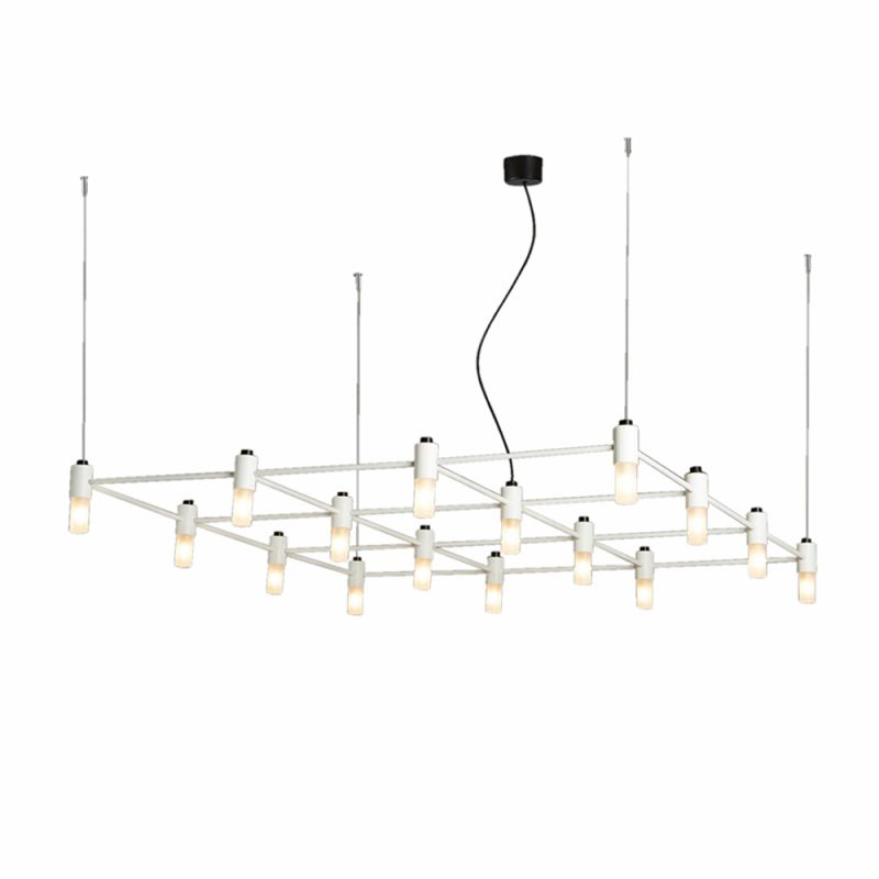 Weiße Quadrante Pendelleuchte mit 16 Leuchten, moderne Deckenleuchte für Wohnzimmer und Esszimmer.