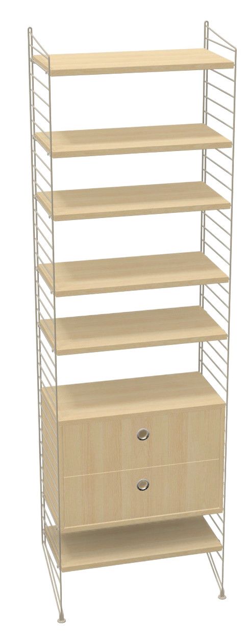 Wohnzimmer String Regal mit hellem Holz, sieben Regalböden und zwei Schubladen.