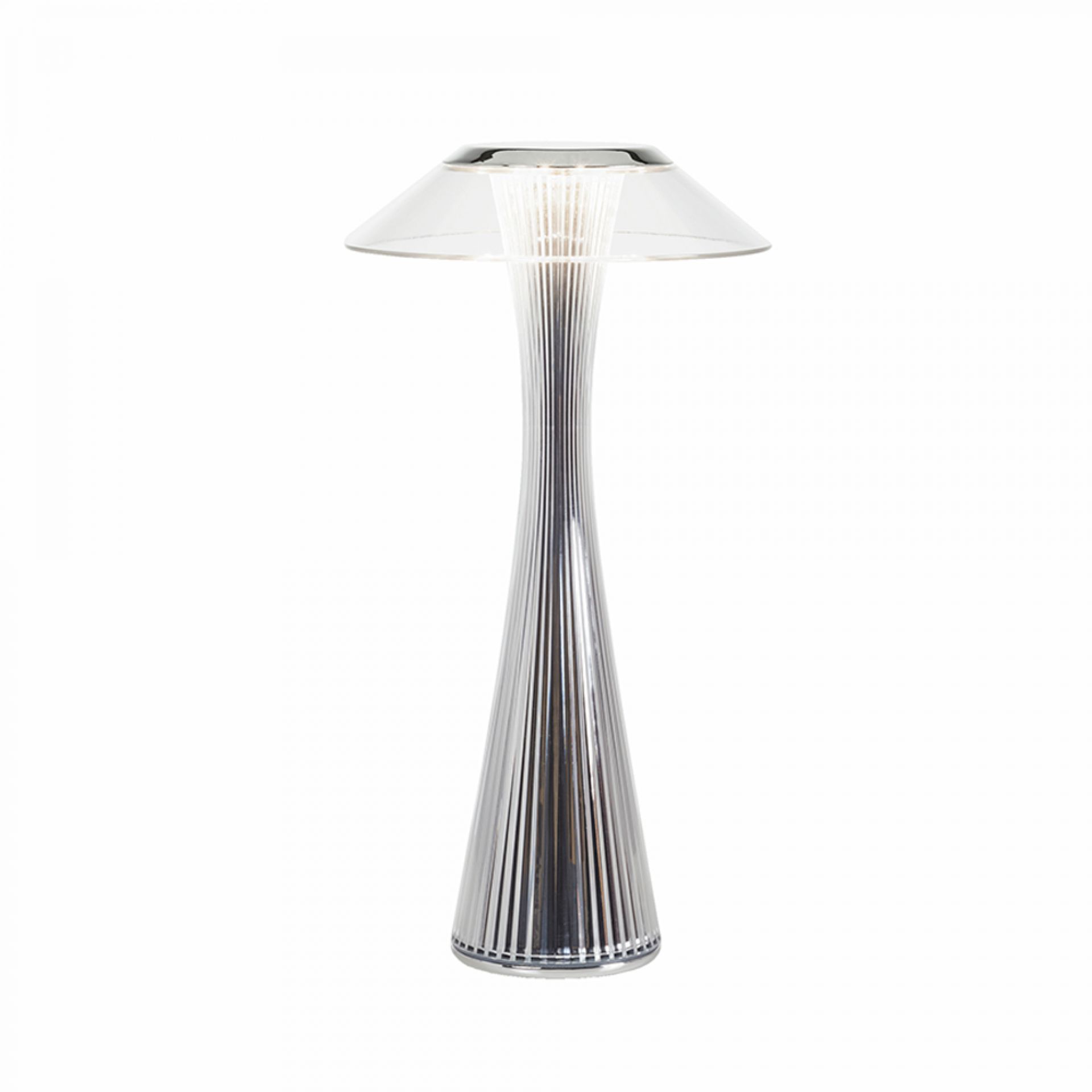 Space Tischleuchte von Kartell, verchromt, für den Außenbereich. Moderne Lampe mit transparentem Lampenschirm.
