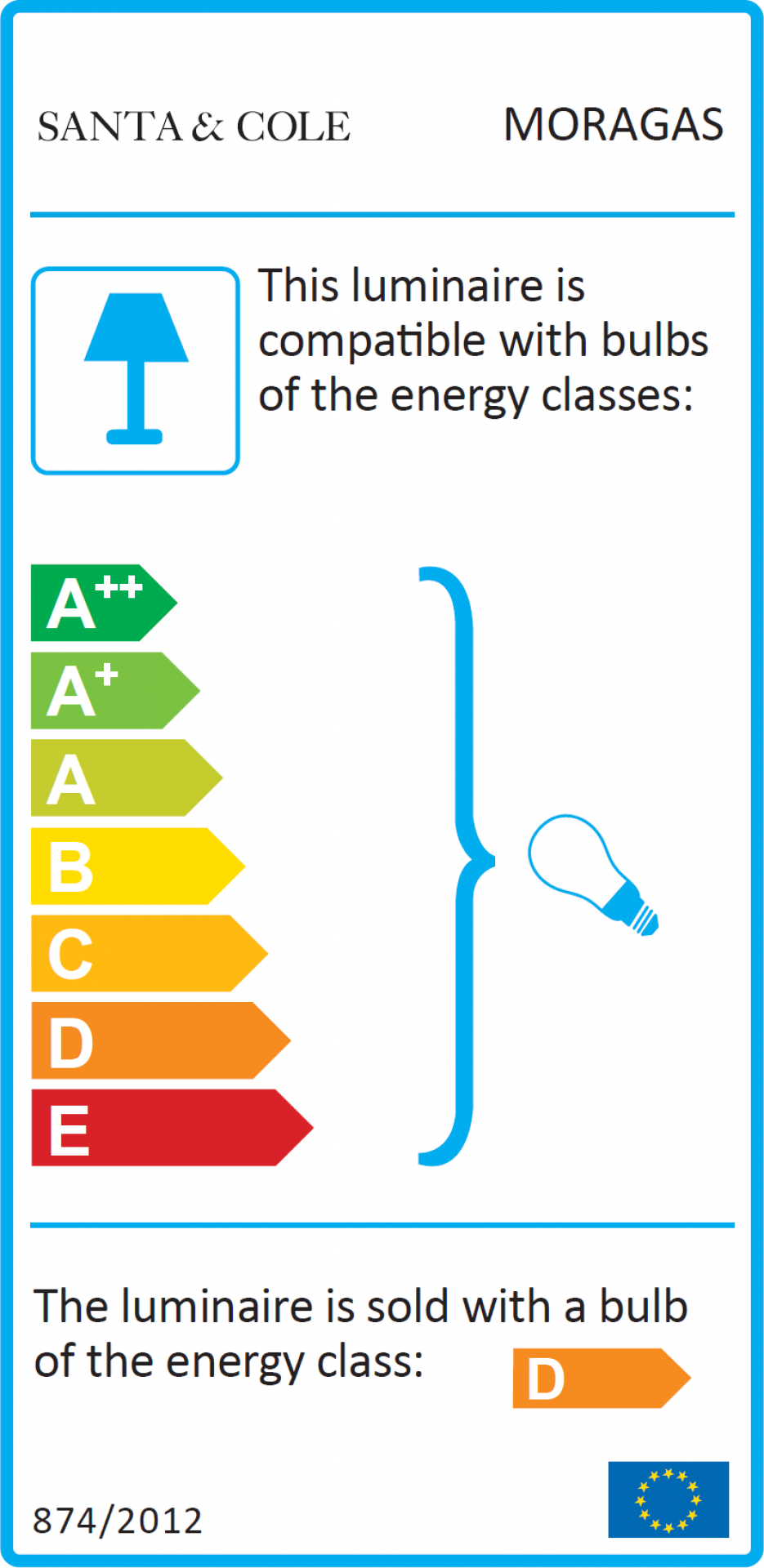 Energieeffizienzlabel der Santa & Cole Moragas Leuchte, kompatibel mit A++ bis E Leuchtmitteln.