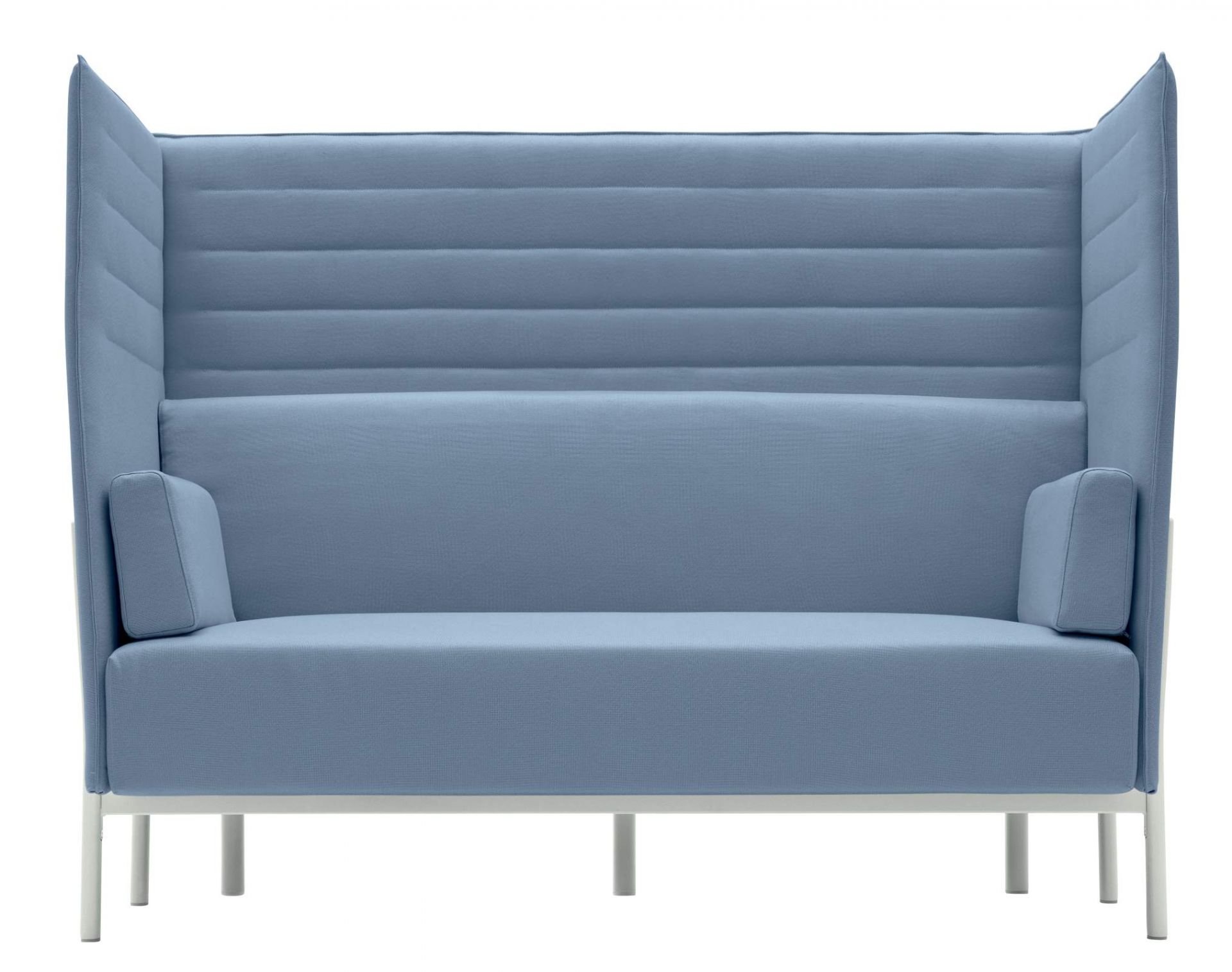 Blaues Eleven High Back Sofa mit hoher Rückenlehne und weißen Beinen. Büromöbel für zwei Personen.
