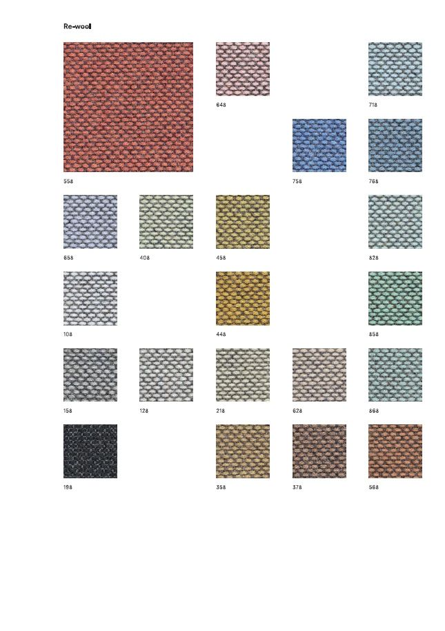 Stoffmusterkarte Re-Wool von Kvadrat mit verschiedenen Farben und Texturen für Möbelstoffe und Polster.