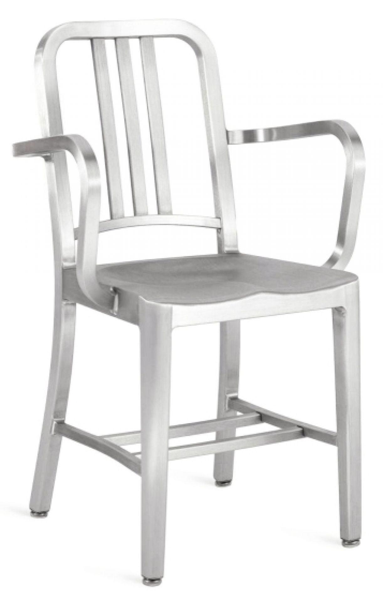 Emeco Navy Armchair: Silberner Armlehnenstuhl aus Aluminium, moderner Designklassiker für Wohnzimmer und Büro.