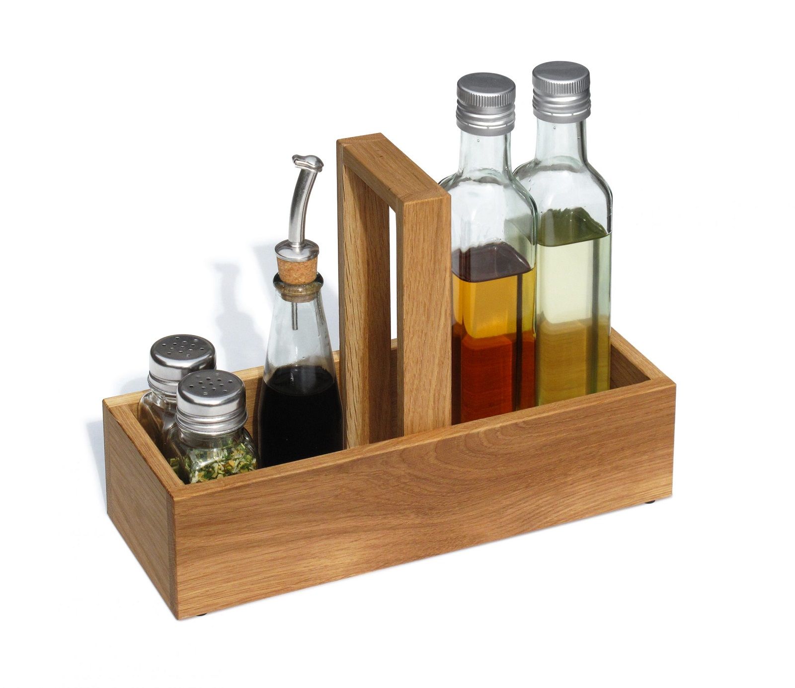 Side by Side Tischbox aus Holz mit Essig, Öl, Salz und Pfeffer für die Küche.