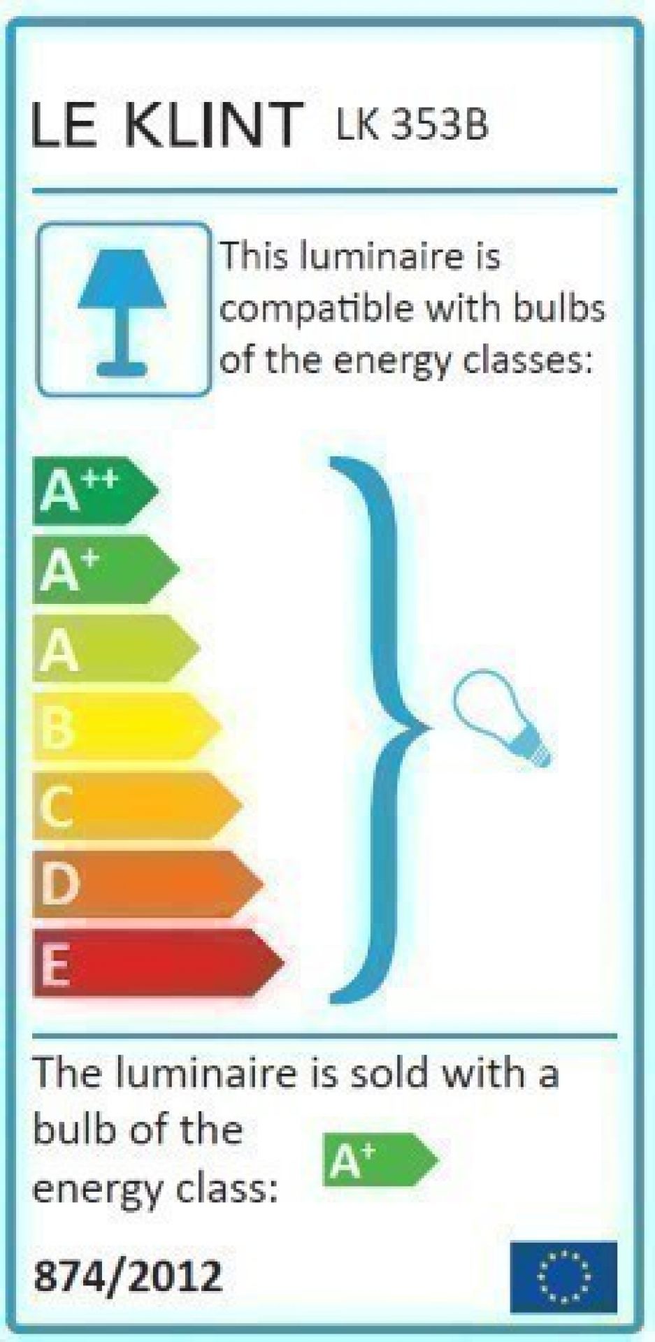 Energieeffizienzlabel der Le Klint Mutatio Tischleuchte, kompatibel mit A++ bis E Leuchtmitteln.