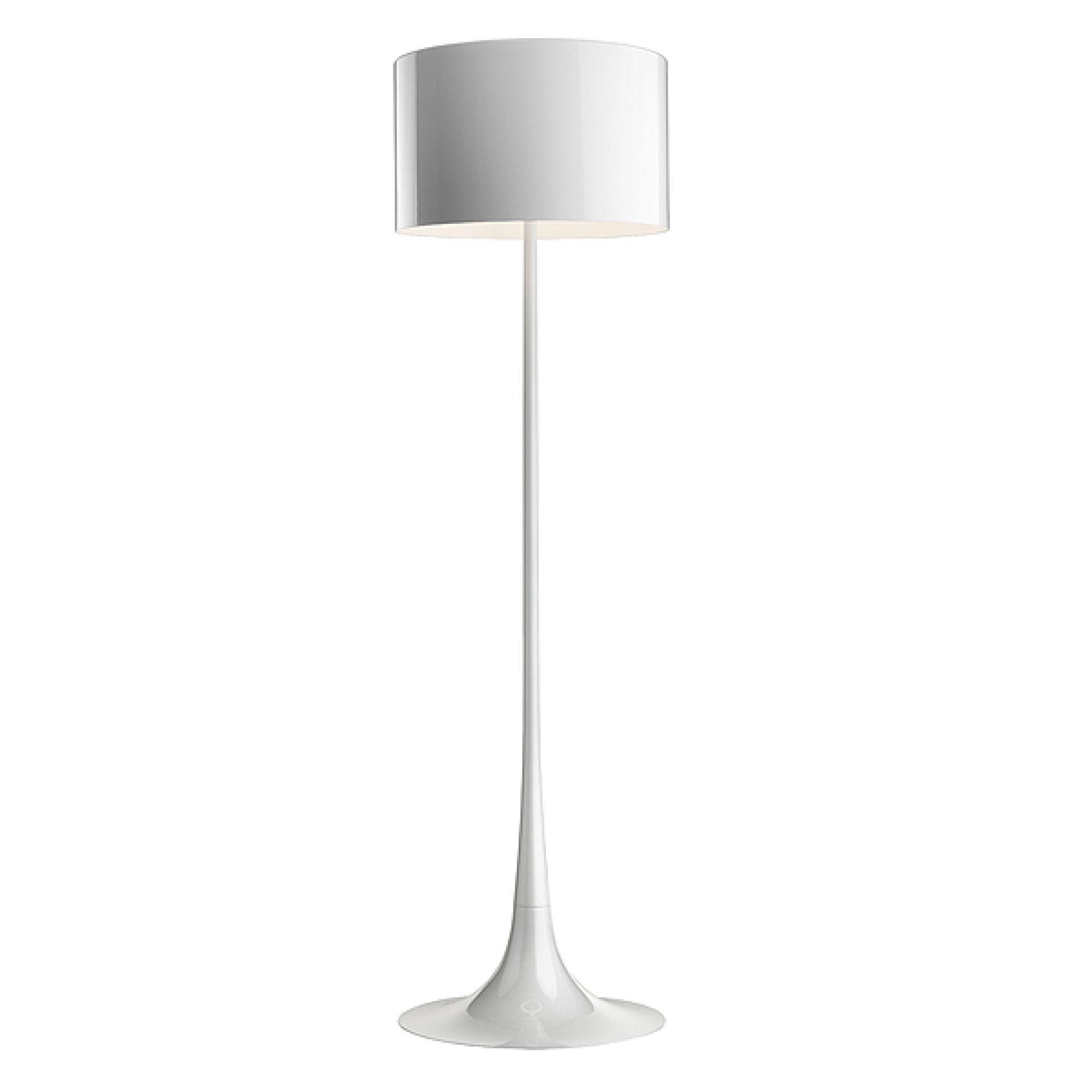 Weiße Spun Light Stehleuchte von Flos: Moderne Stehlampe mit zylindrischem Lampenschirm für Wohnzimmer.