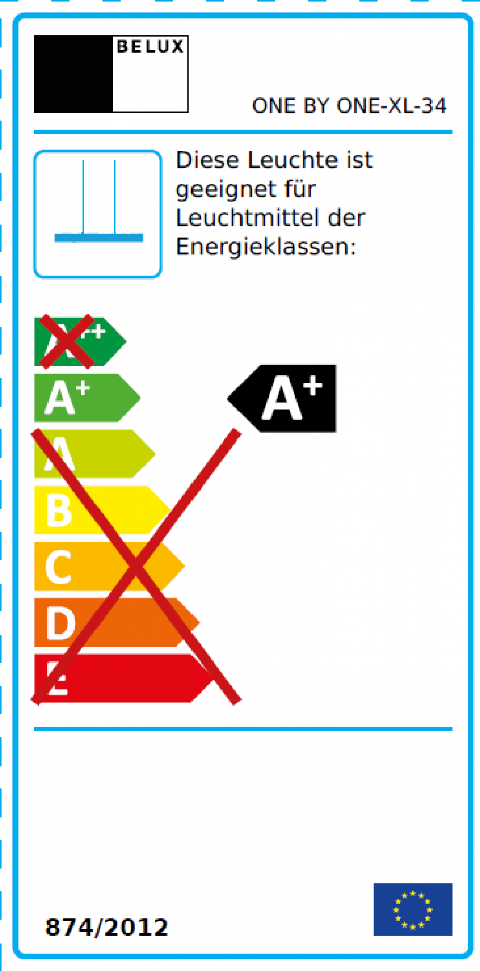 Energielabel der Belux One by One Pendelleuchte L 185 cm mit Energieeffizienzklasse A+.