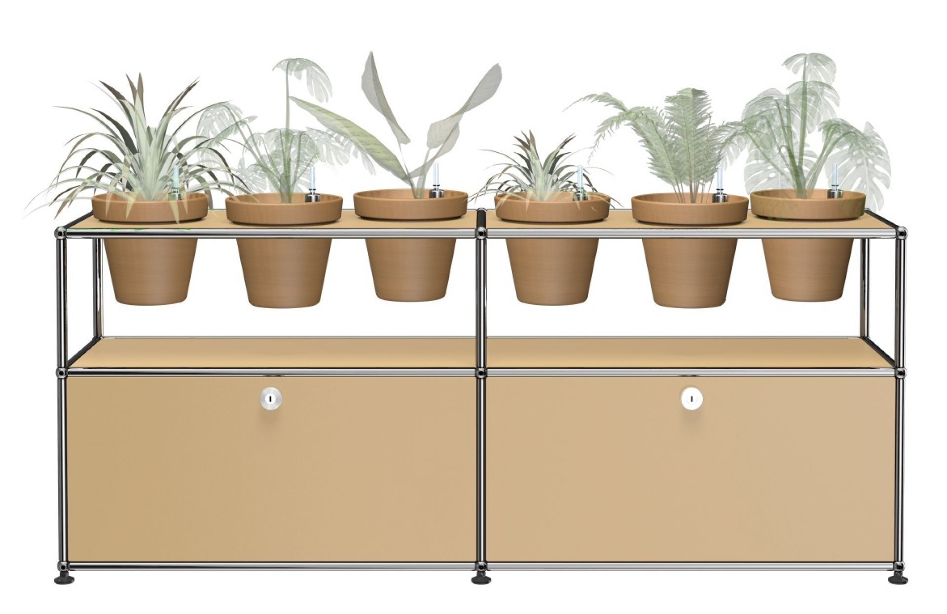 Beiges Pflanzenwelten Sideboard mit USM Haller Elementen und integrierten Pflanztöpfen für Innenraumbegrünung.