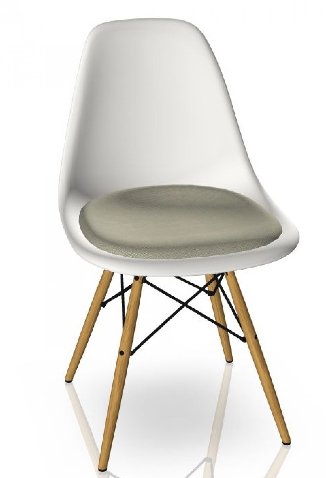 Eames Stuhl DSW mit Sitzpolster, Ahorn gelblich, Hopsak warmgrey/elfenbein, weisse Kunststoffschale und Holzbeine.