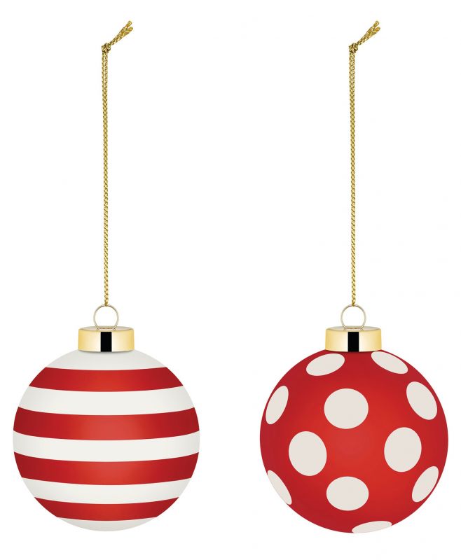 Zwei Alessi Weihnachtskugeln: Eine rot-weiß gestreift, eine rot mit weißen Punkten. Christbaumschmuck.