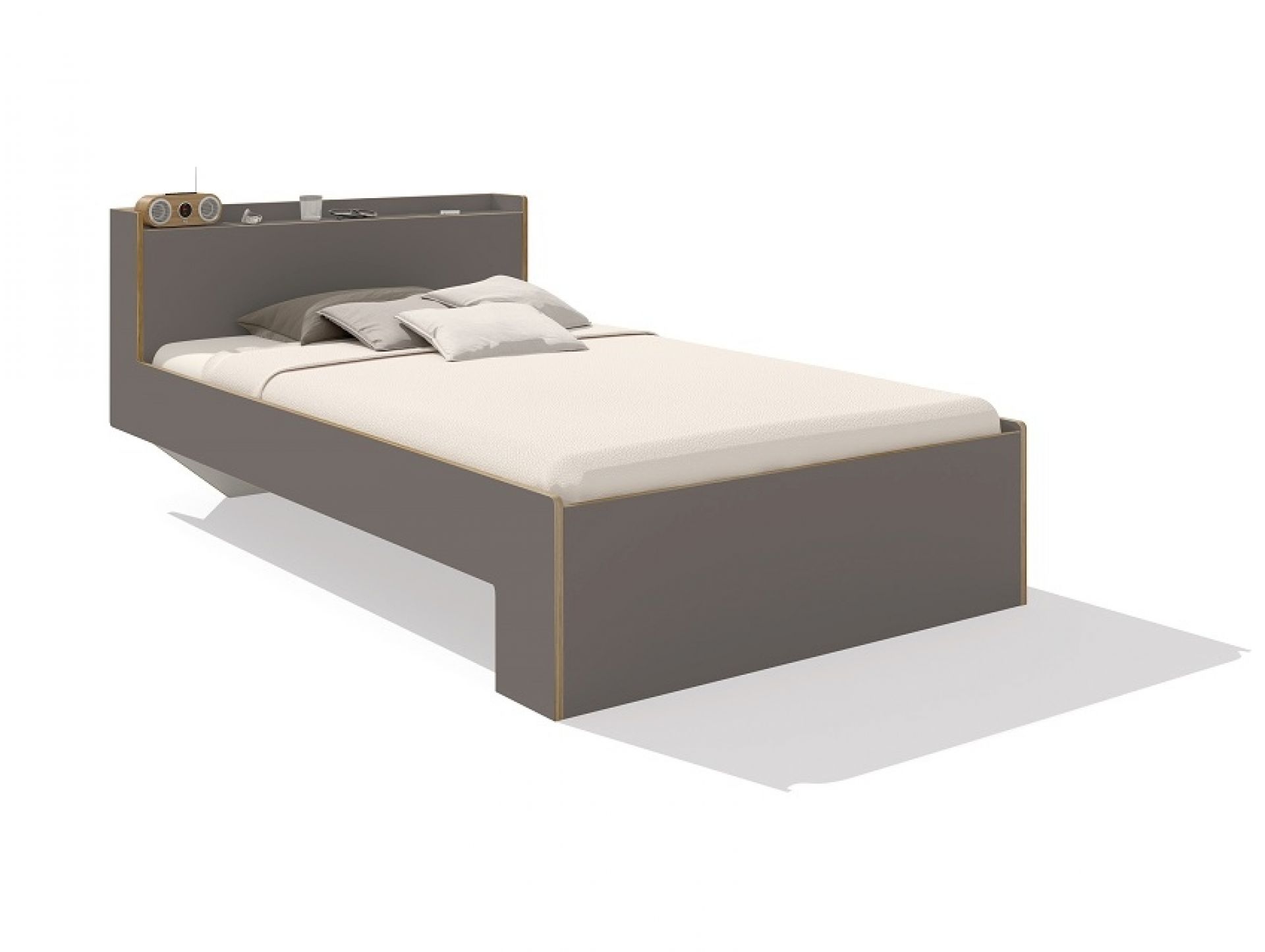 Anthrazitfarbenes Nook Einzelbett von Müller Möbelwerkstätten mit Ablagefläche am Kopfteil. Modernes Design für Schlafzimmer.