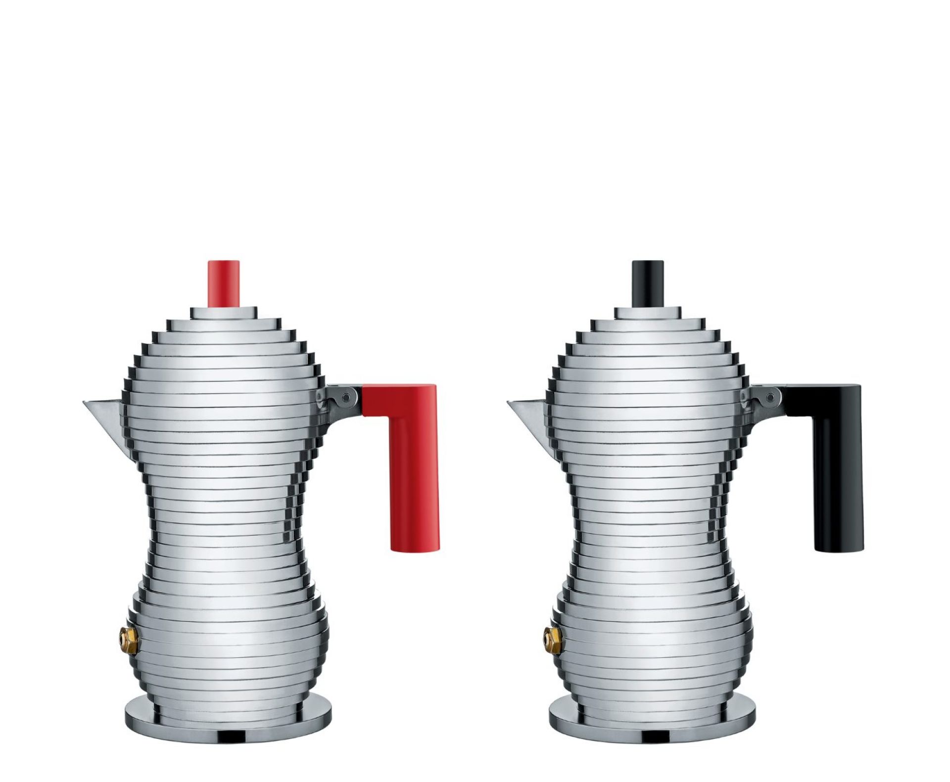 Zwei Alessi Espressokocher Pulcina aus Aluminium mit rotem und schwarzem Griff. Kaffeekochen leicht gemacht.