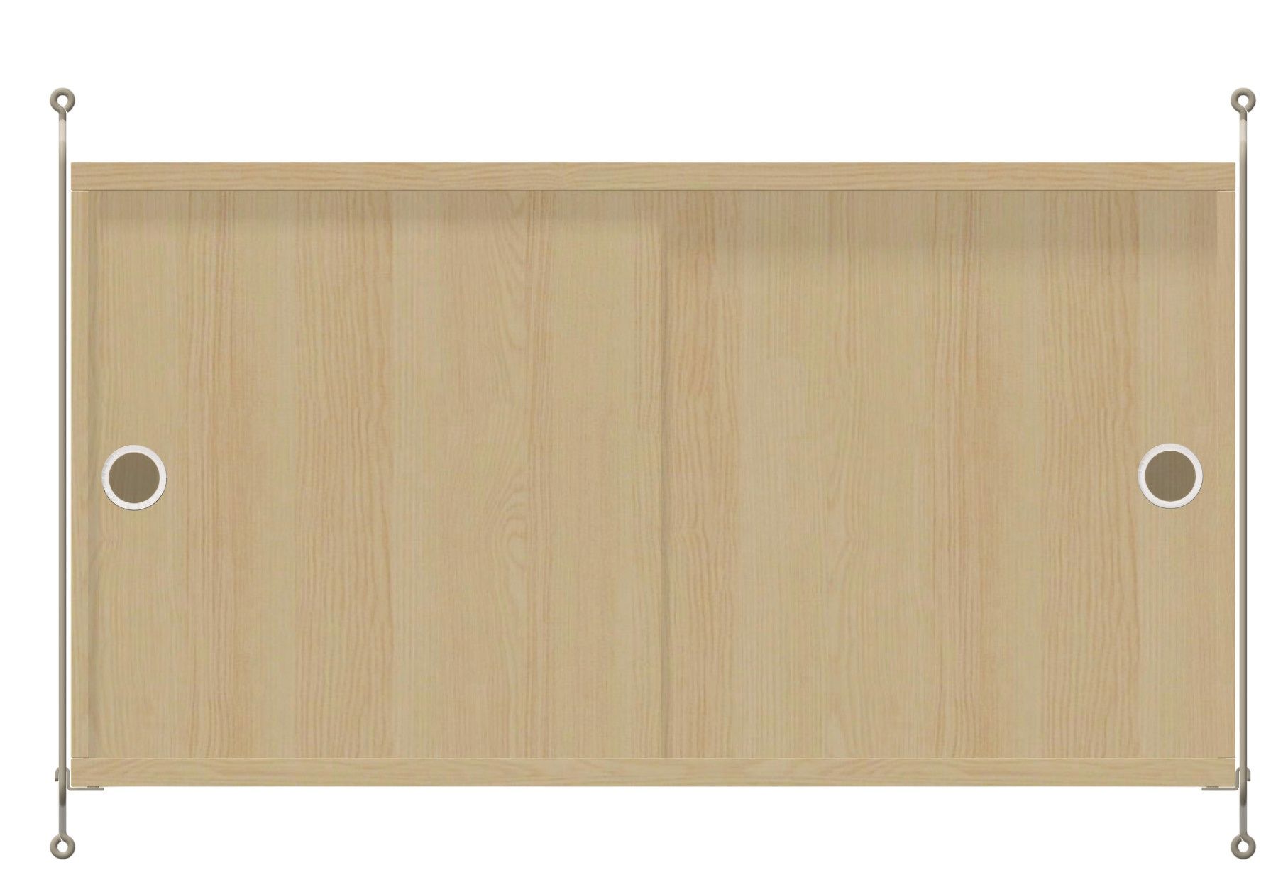 Wohnzimmer String Furniture Konfiguration: Helles Holzschrankelement mit Schiebetüren und silbernen Aufhängungen für Regalsystem.