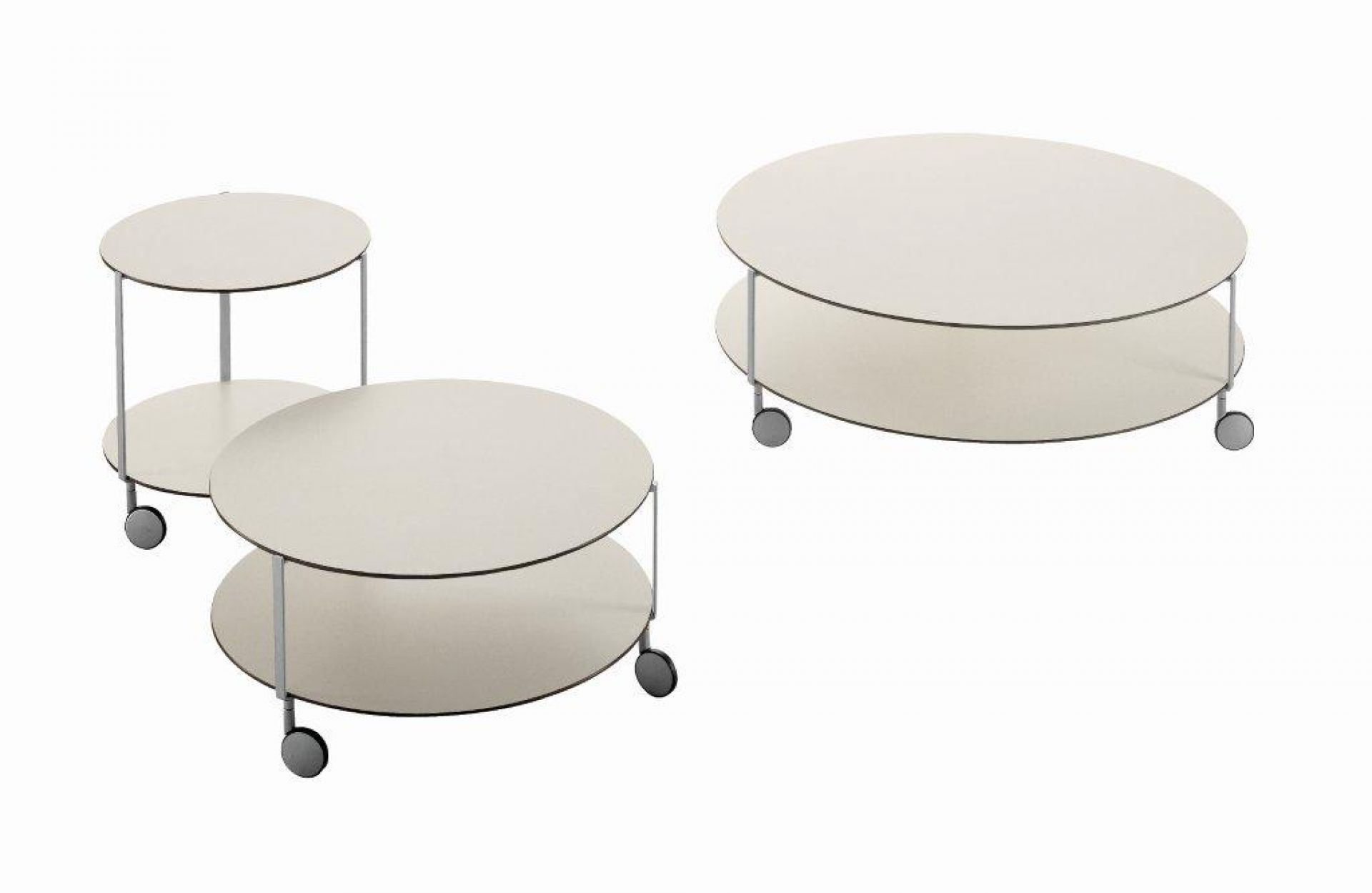 Giro Beistelltisch von Zanotta: Drei runde, cremefarbene Tische mit Rollen und Ablageflächen.