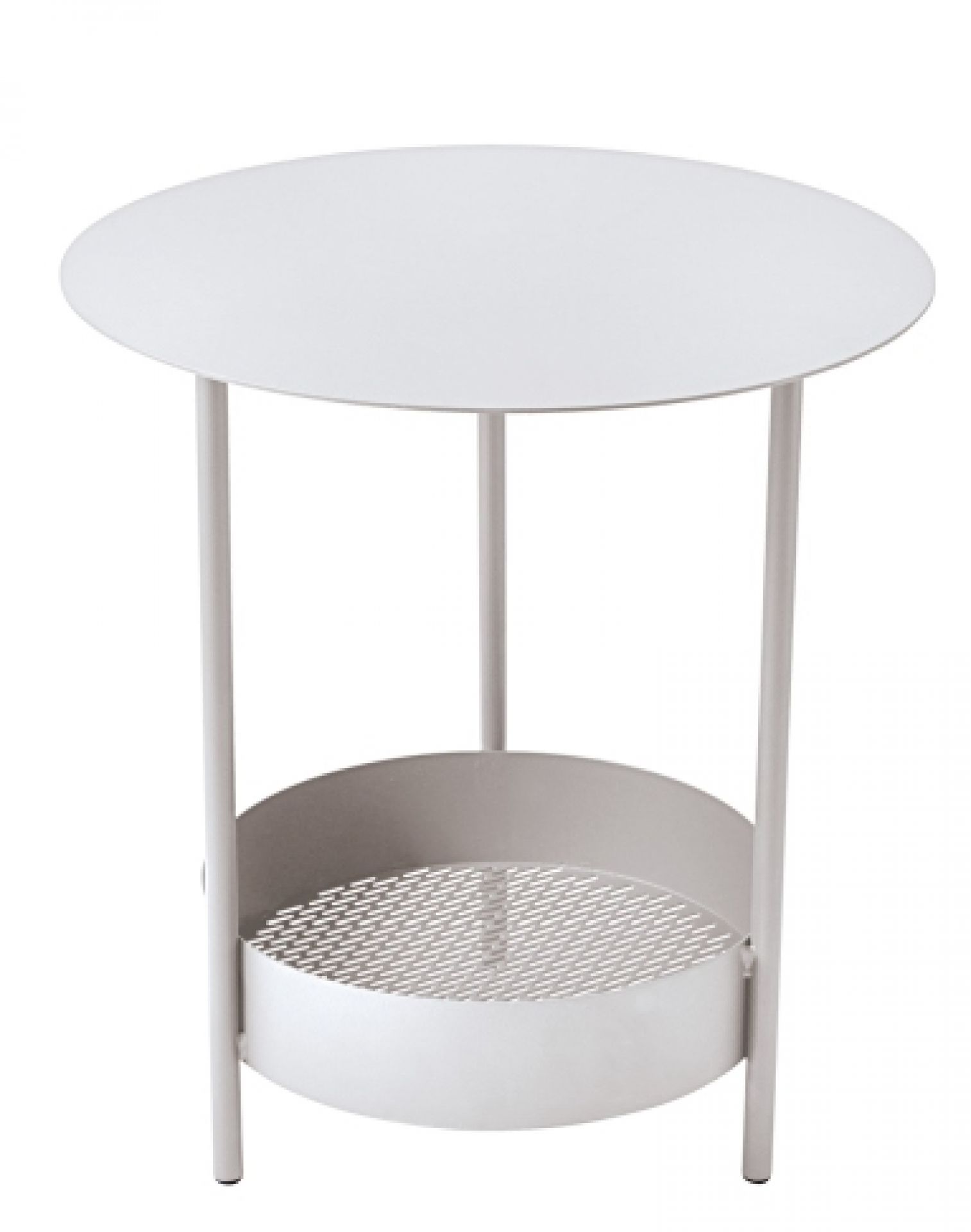 Weißer Salsa Beistelltisch von Fermob für den Außenbereich mit runder Tischplatte und Ablage.