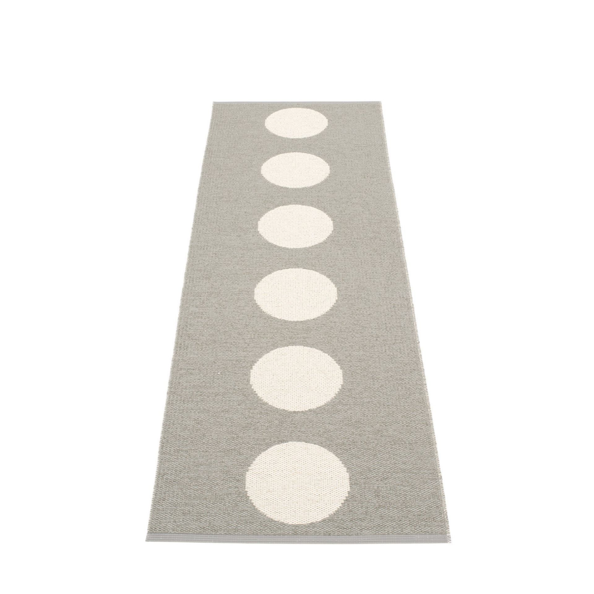 Vera Teppich von Pappelina, ein grauer Läufer mit weißen Kreisen, ideal für Flur und Küche.
