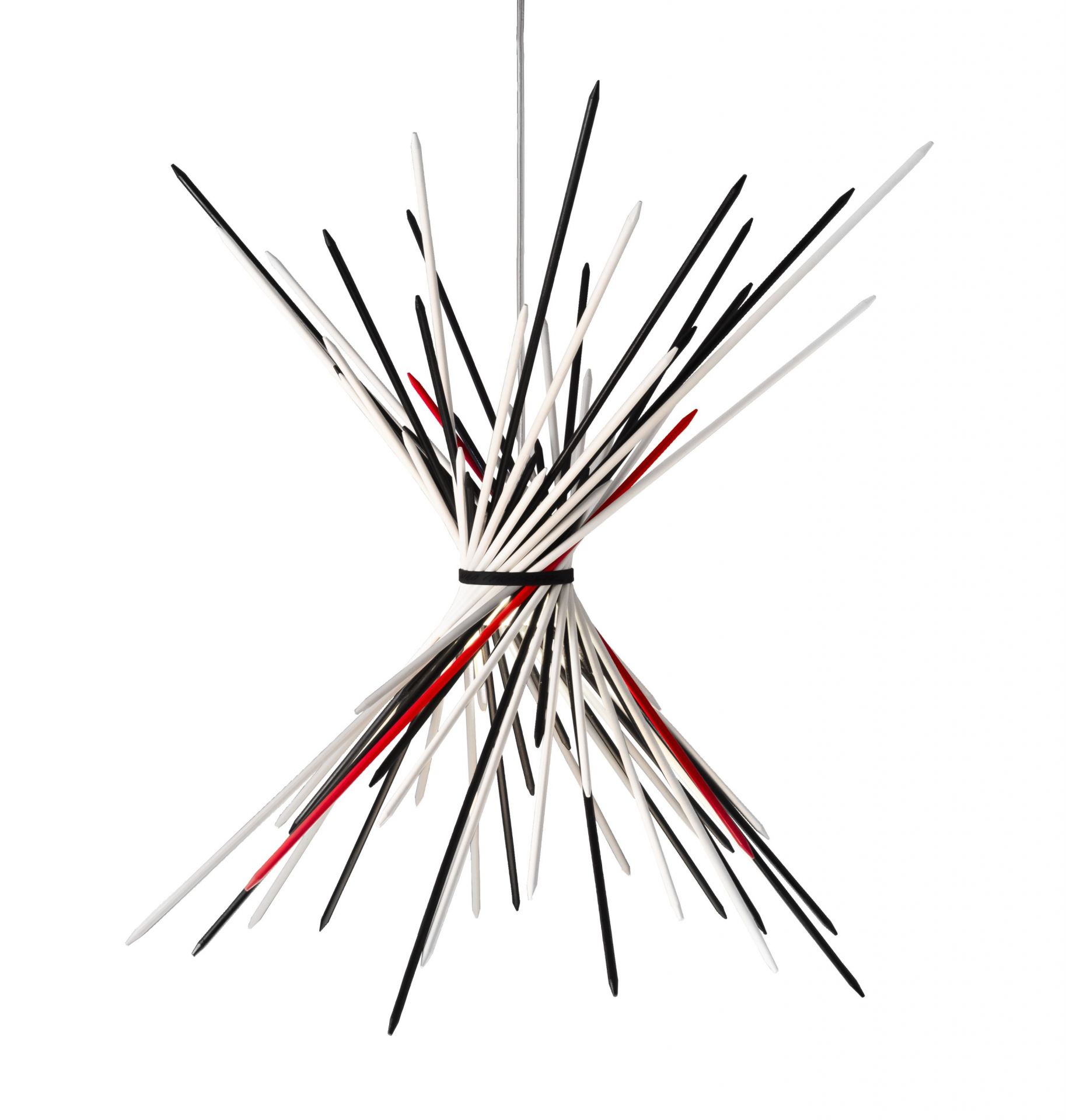 Pic-A-Stic Pendelleuchte von Ingo Maurer, moderne Hängelampe mit schwarzen, weißen und roten Stäben.