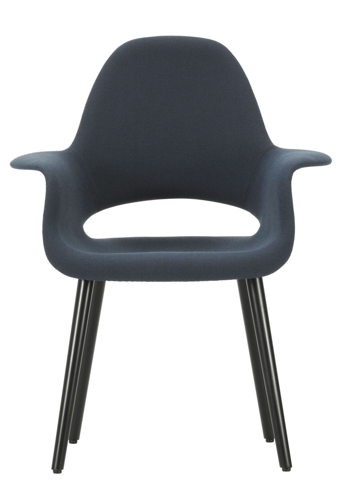 Blauer Organic Conference Stuhl von Vitra mit Armlehnen und schwarzen Beinen. Konferenzmöbel für Büro und Meeting.