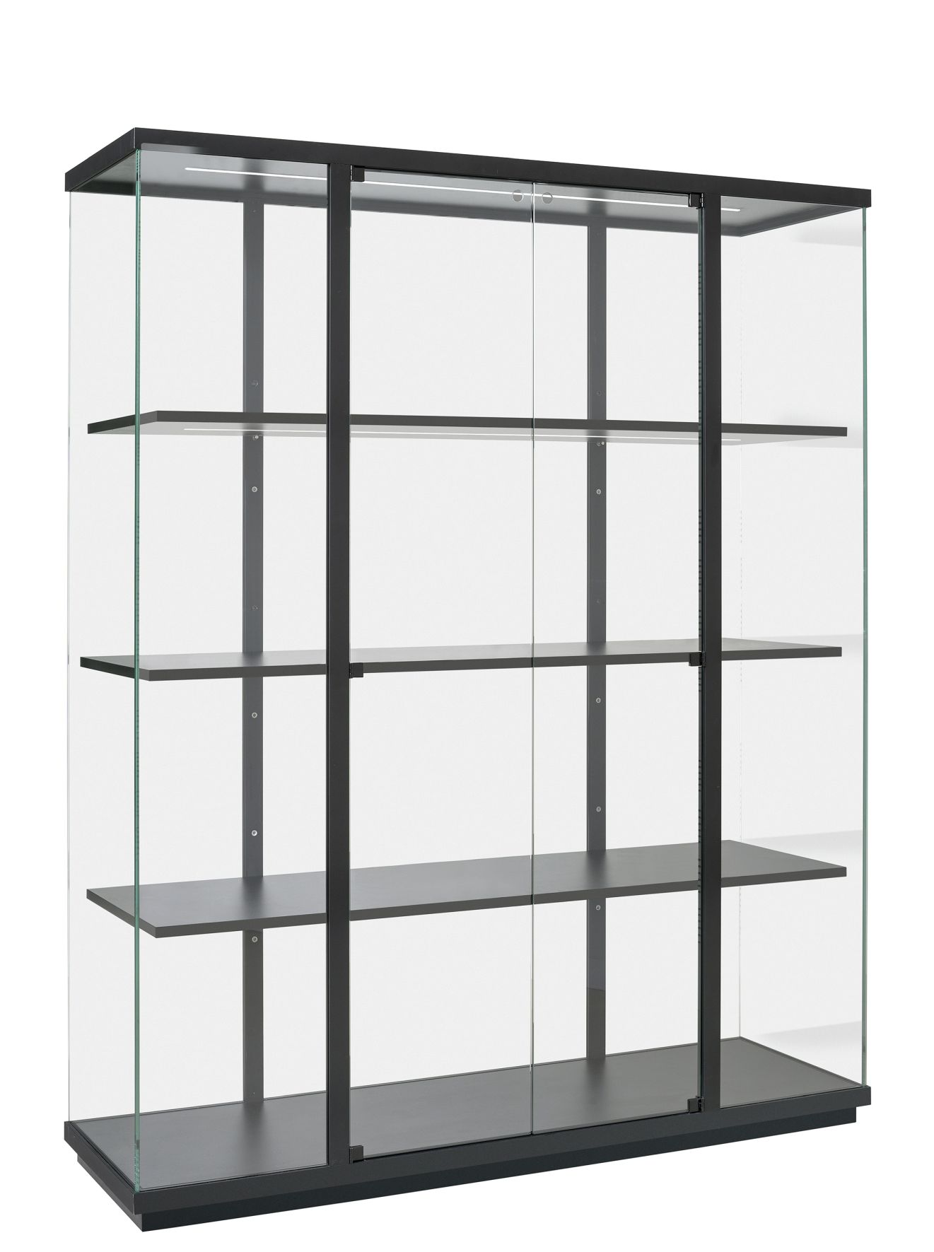 Stolp Vitrine mit Glasfront und schwarzen Regalböden, ideal für Sammlerstücke und Ausstellungen.