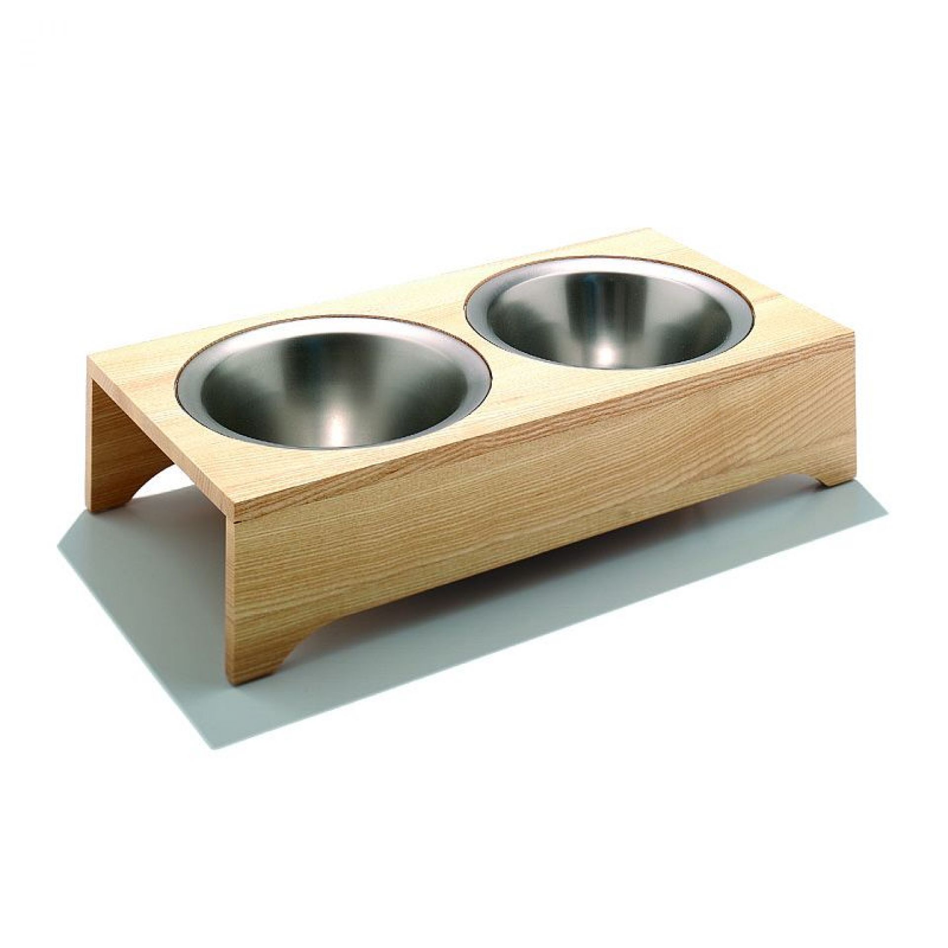 Katzennapf aus Holz mit zwei Edelstahlnäpfen. Erhöhter Futterplatz für Katzen, Modell Tom.