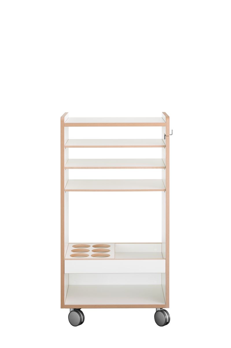 Tojo-fahrbar Rollwagen: Moderner, weißer Küchenwagen mit Holzrahmen, vier Regalböden und Rollen für flexible Nutzung.