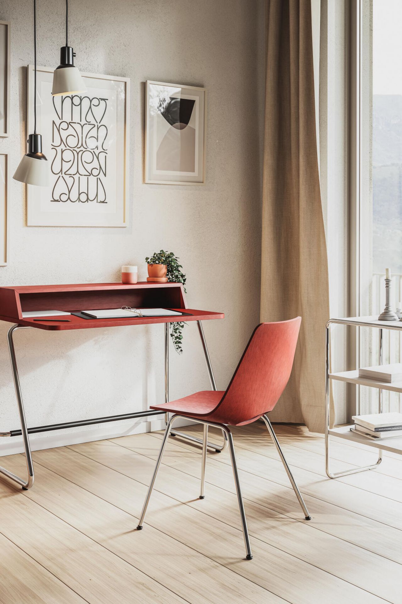 Roter S 661 Stahlrohrstuhl von Thonet vor Schreibtisch und Fenster. Designklassiker im Interieur.