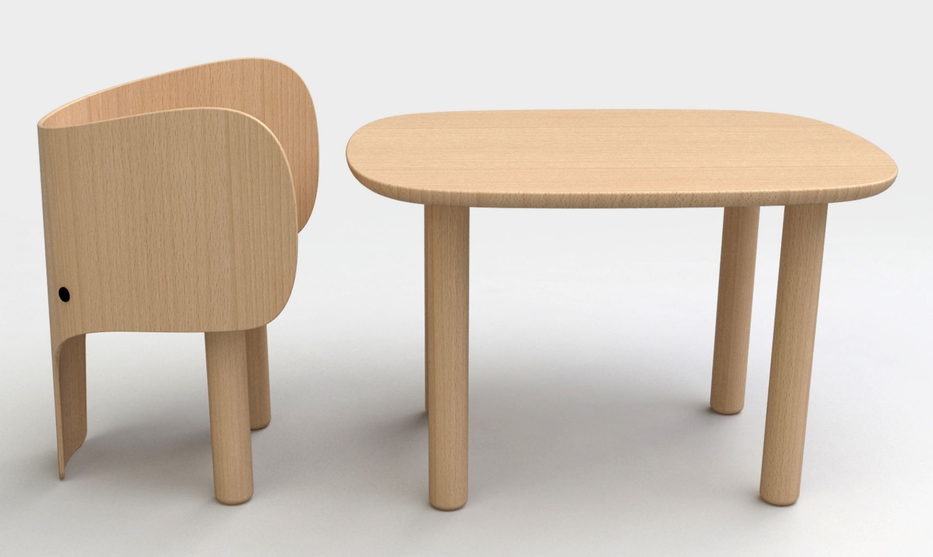 Heller Elephant Table Kindertisch EO aus Holz mit passendem Stuhl für Kinder.