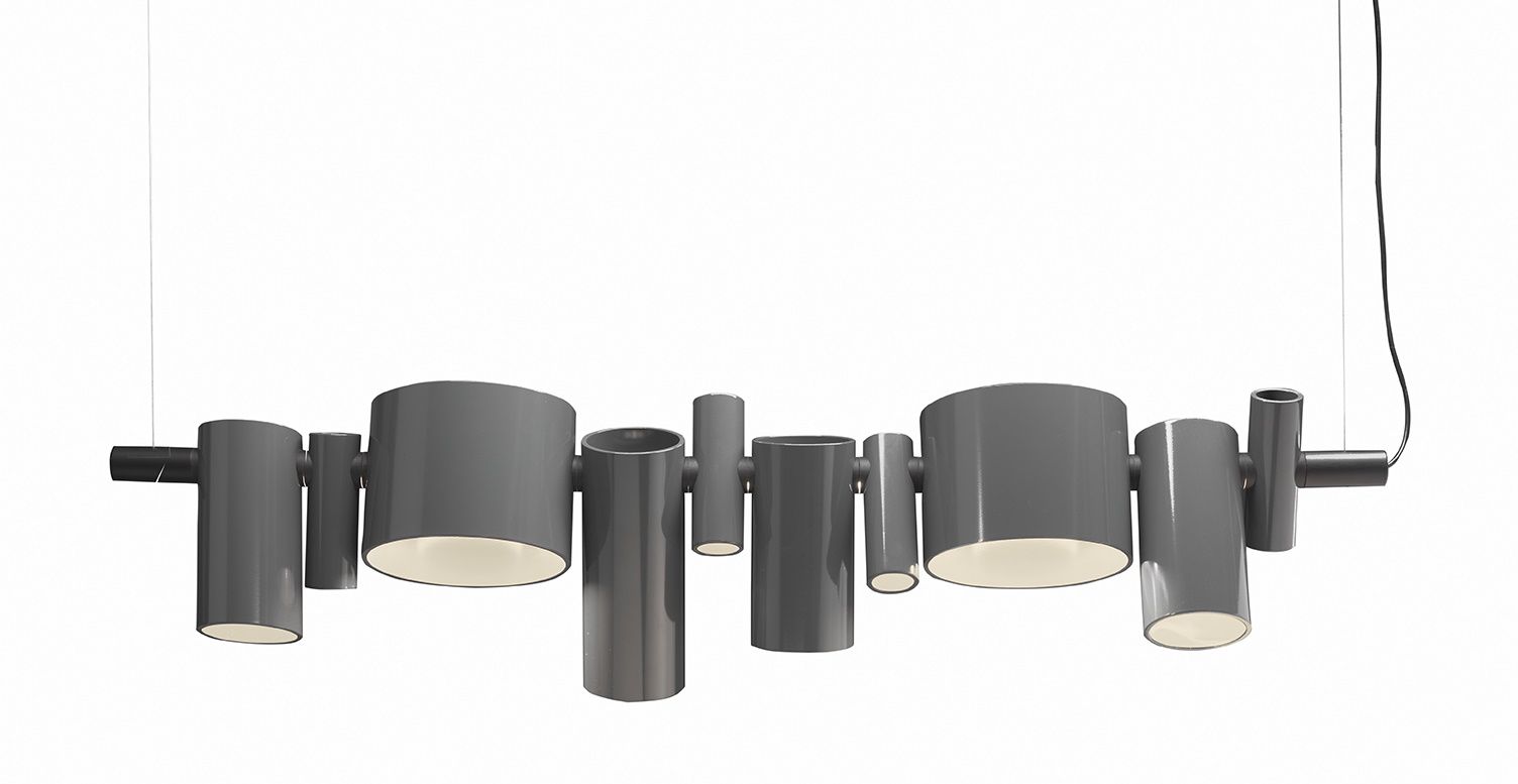 Graue Dancing Queen Hängeleuchte von Oluce mit zylindrischen Lampenschirmen für moderne Beleuchtung.