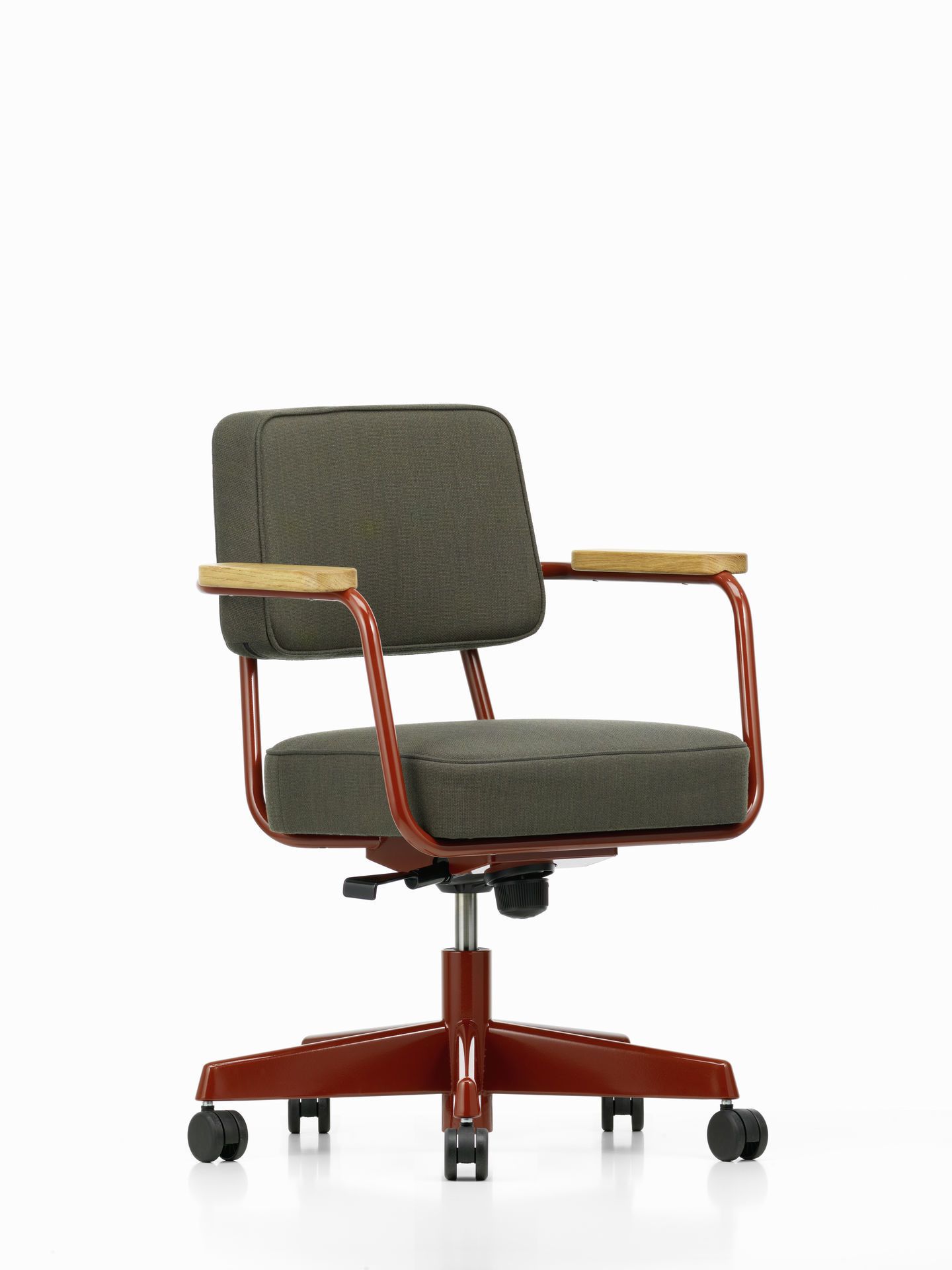 Vitra Fauteuil Direction Pivotant Bürostuhl mit braunem Stoffbezug und rotem Gestell.
