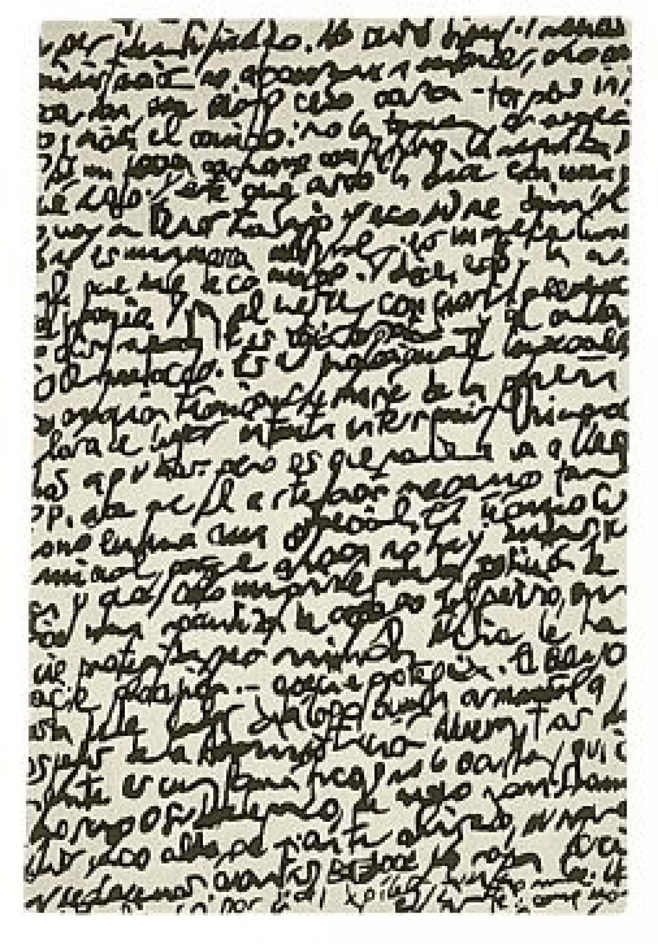 Nanimarquina Teppich Manuscrit: Weißer Teppich mit schwarzer, handschriftlicher Schrift. Modernes Design für Wohnzimmer und Schlafzimmer.