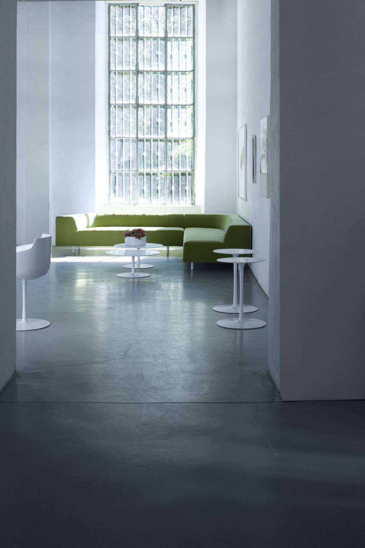 Moderner Wohnraum mit Flow Low Table Couchtischen von MDF Italia und grüner Couch.