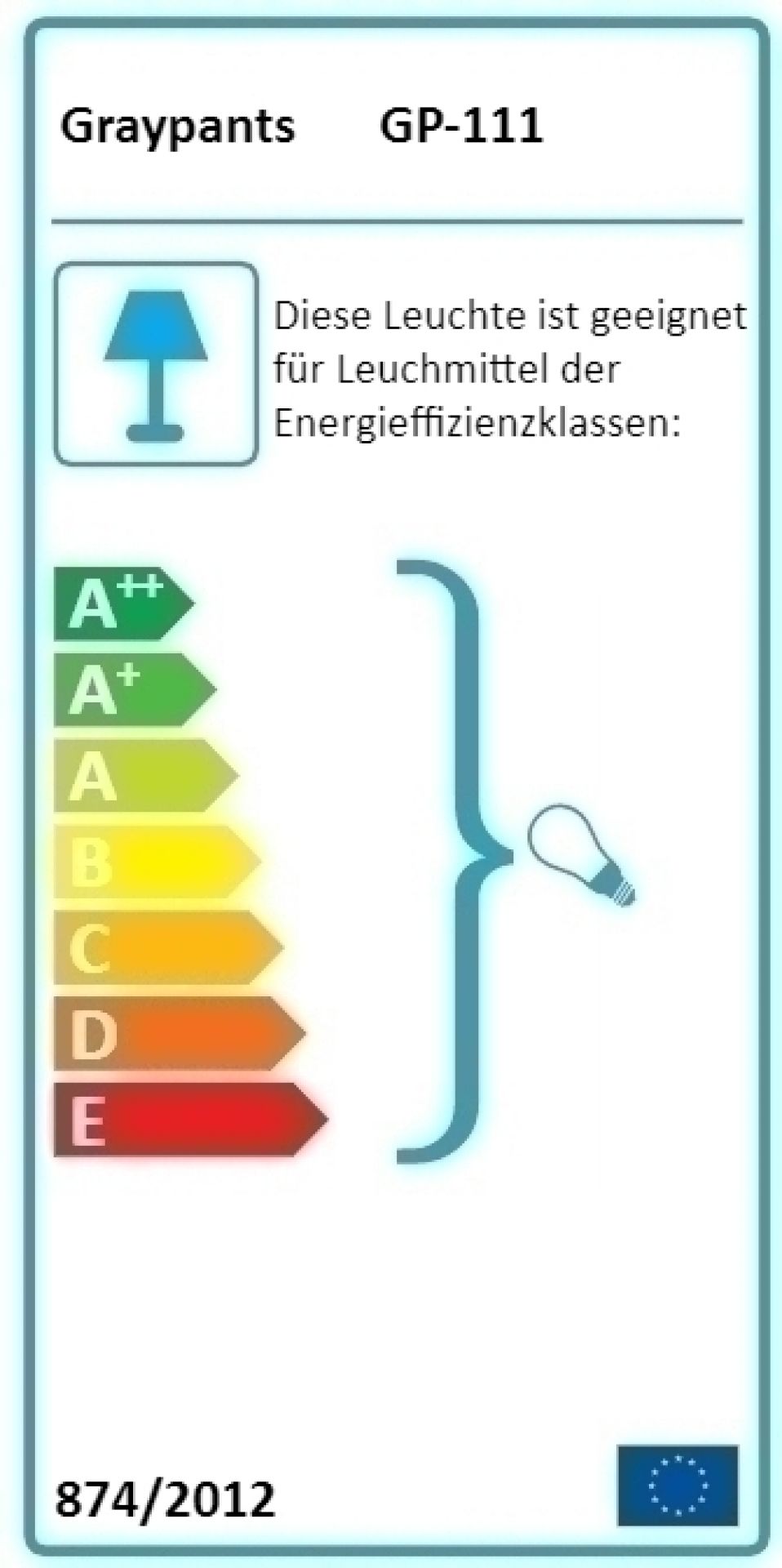 Energieeffizienzlabel für Graypants Ausi12 Scraplights Hängeleuchte, das die Energieeffizienzklassen von A++ bis E anzeigt.